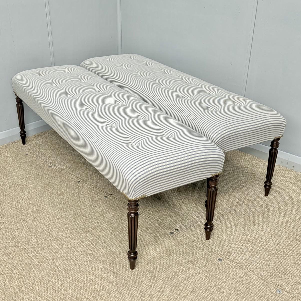 Pair of 155cm Long Stools in Buttoned Ticking Stripes (1 of 7) Pair of 155cm Long Stools in Buttoned Ticking Stripes (1 of 7)