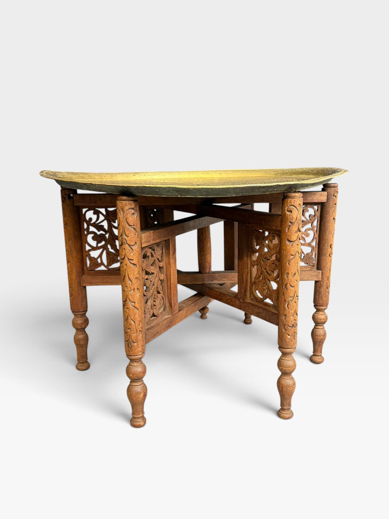 Antique Anglo-Indian Benares Brass Tray Table Intricately Hand-carved Folding Wooden Base (1 of 14) Antique Anglo-Indian Benares Brass Tray Table Intricately Hand-carved Folding Wooden Base (1 of 14)