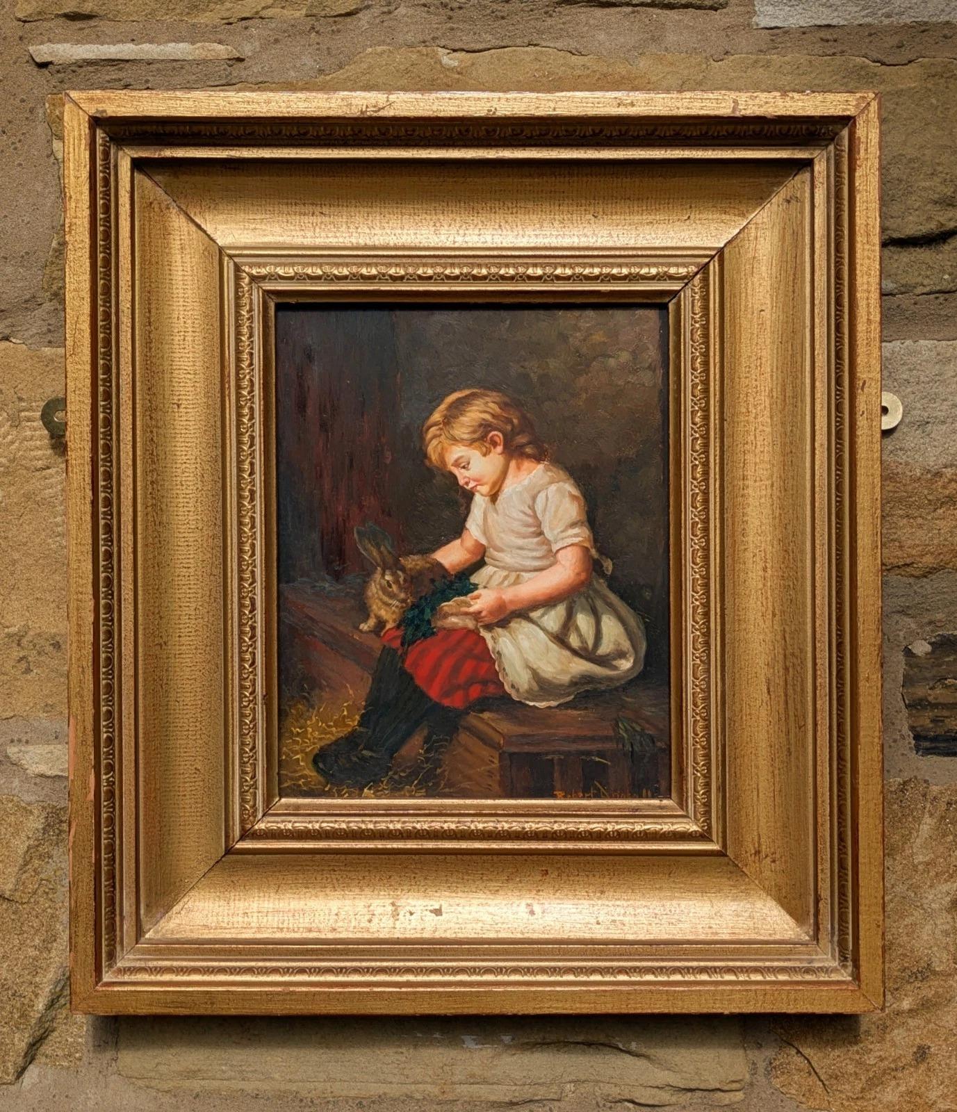 19th Century Oil Painting on Oak Panel Girl & Rabbit (1 of 6) 19th Century Oil Painting on Oak Panel Girl & Rabbit (1 of 6)