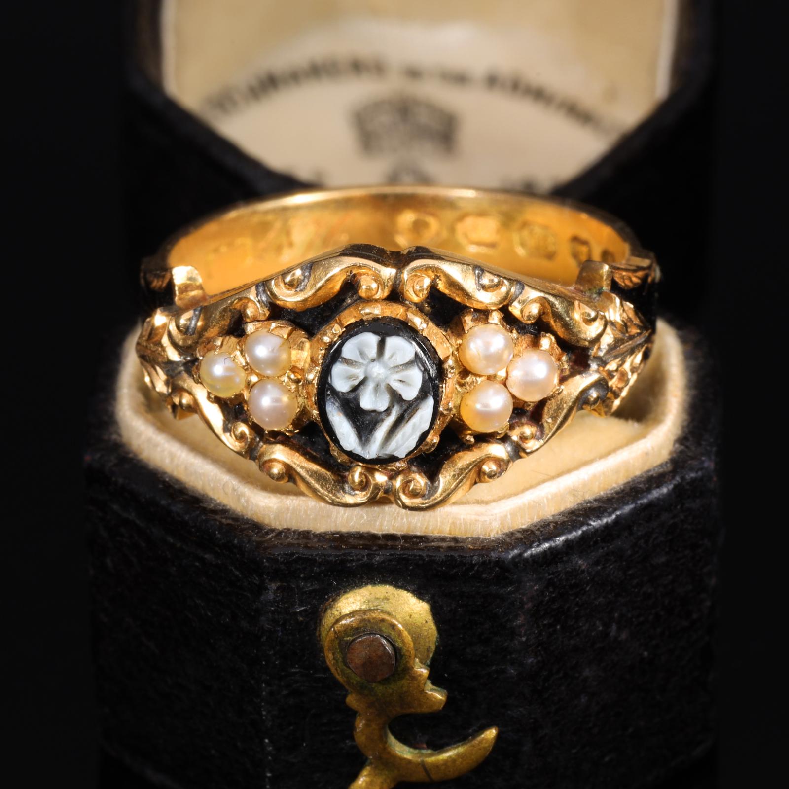 The Antique Victorian 1876 Pearl Cameo Flower Mourning Ring (1 of 8)