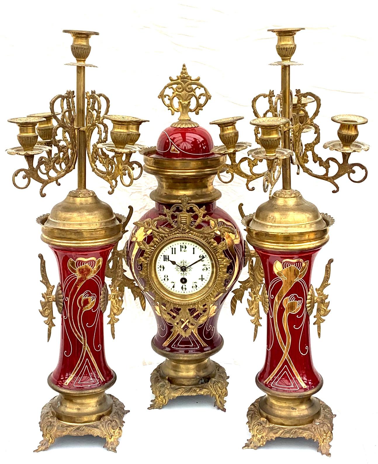 Incredible Deep Red Art Nouveau Bulbous Tulip 5 Branch Candelabra Mantel Clock Set (1 of 12) Incredible Deep Red Art Nouveau Bulbous Tulip 5 Branch Candelabra Mantel Clock Set (1 of 12)