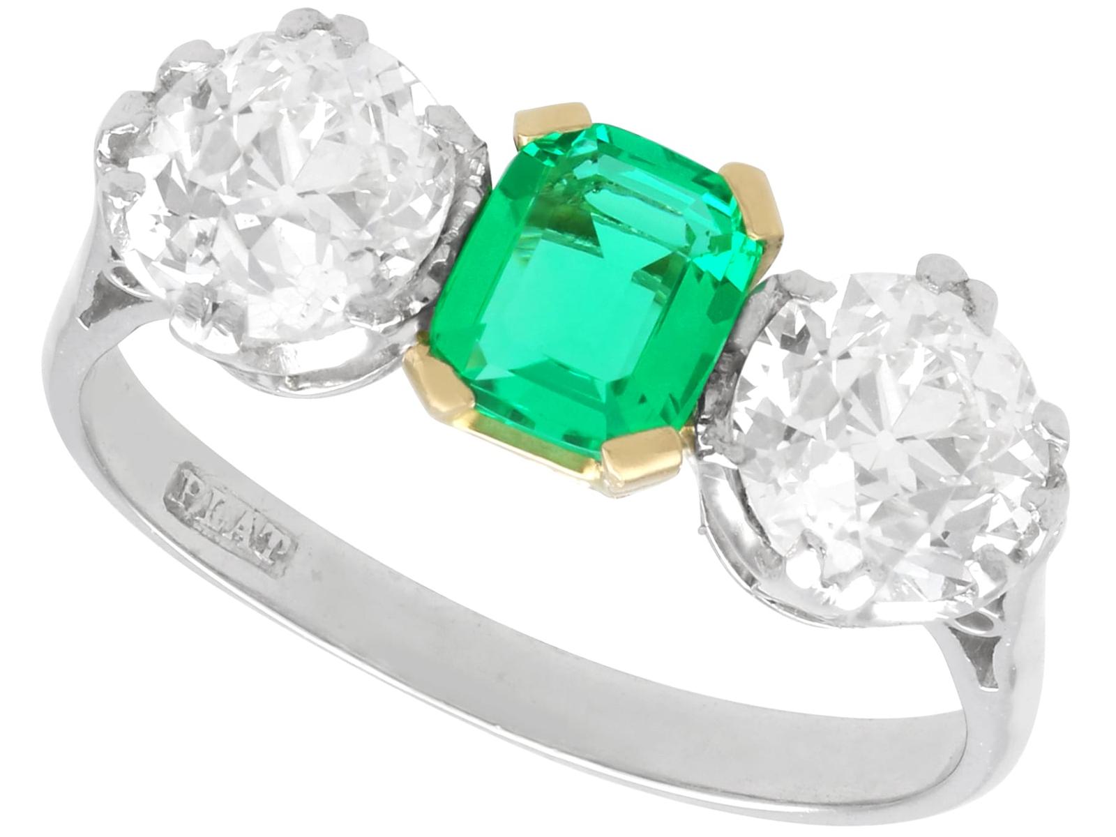Antique 0.50ct Colombian Emerald and 1.94ct Diamond, Platinum Trilogy Ring Circa 1935 (1 of 13)