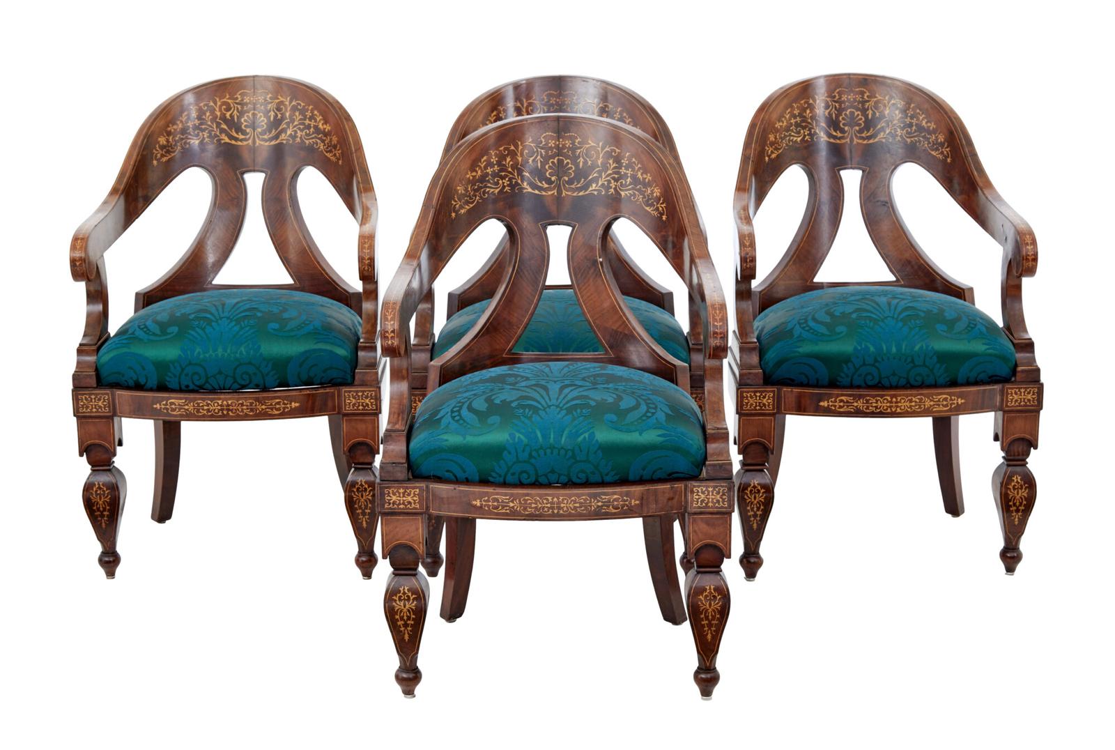 Rare Set of 4 Regency Period Inlaid Mahogany Lounge Chairs (1 of 6)