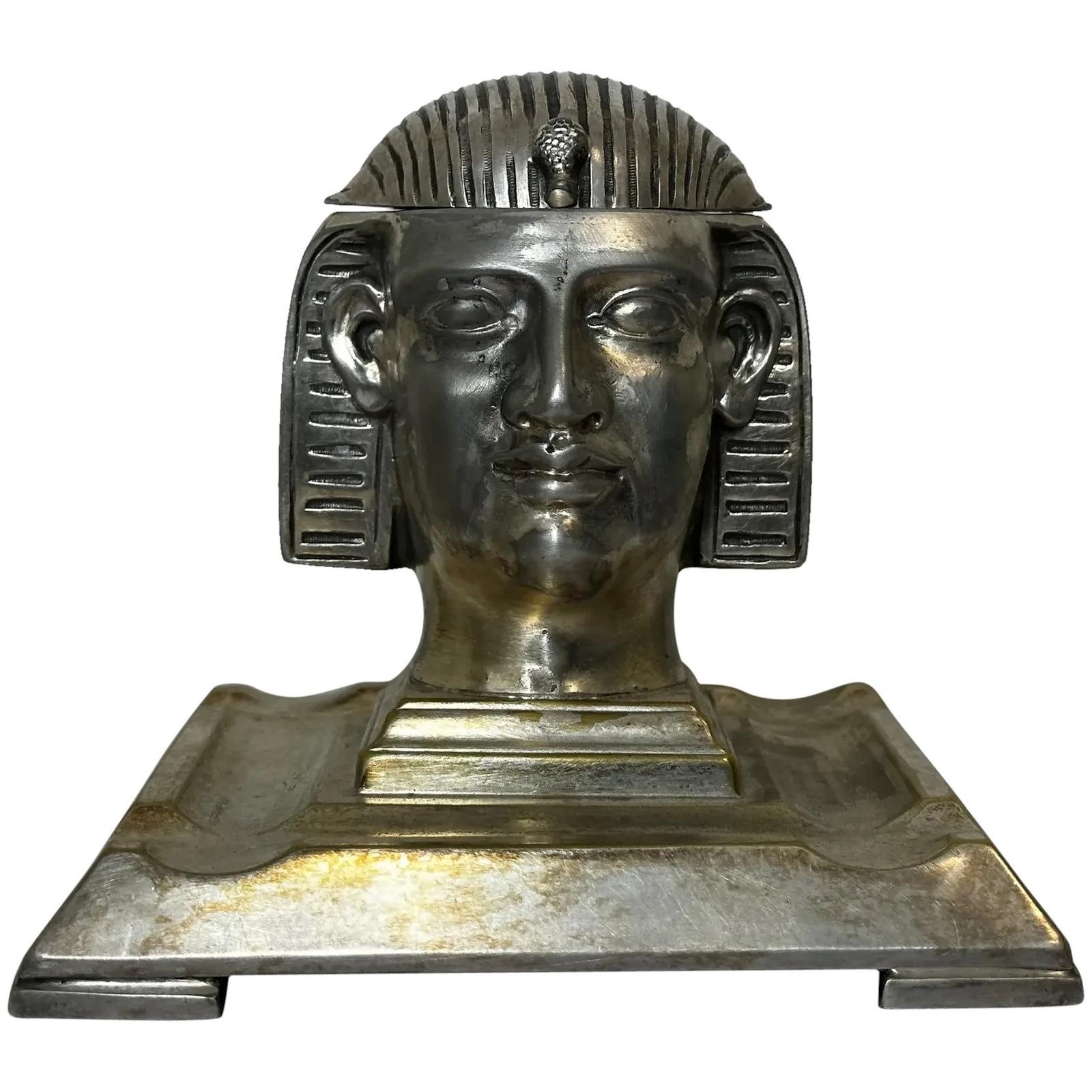 19th Century Silver Plate Inkwell Form Head of Egyptian Pharaoh (1 of 48)