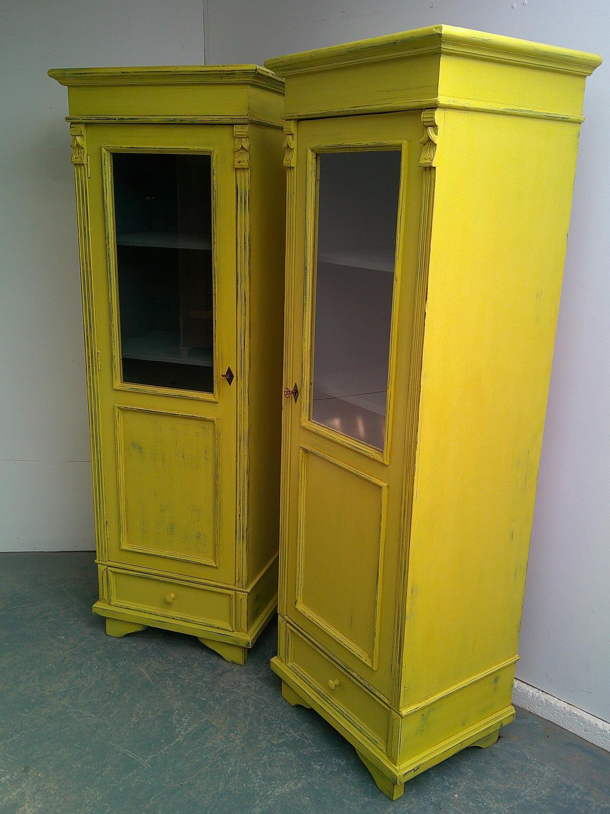 Cracking Pair of Yellow Antique Pine Kitchen / Bathroom Display Cabinets (1 of 11)