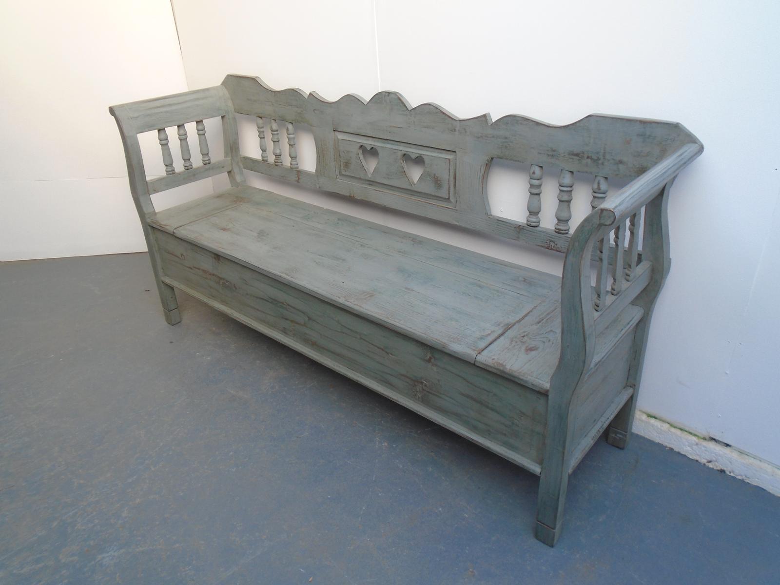 Grey & Green Heart Motif Antique Pine 3 Seater Box Settle / Bench (1 of 9)