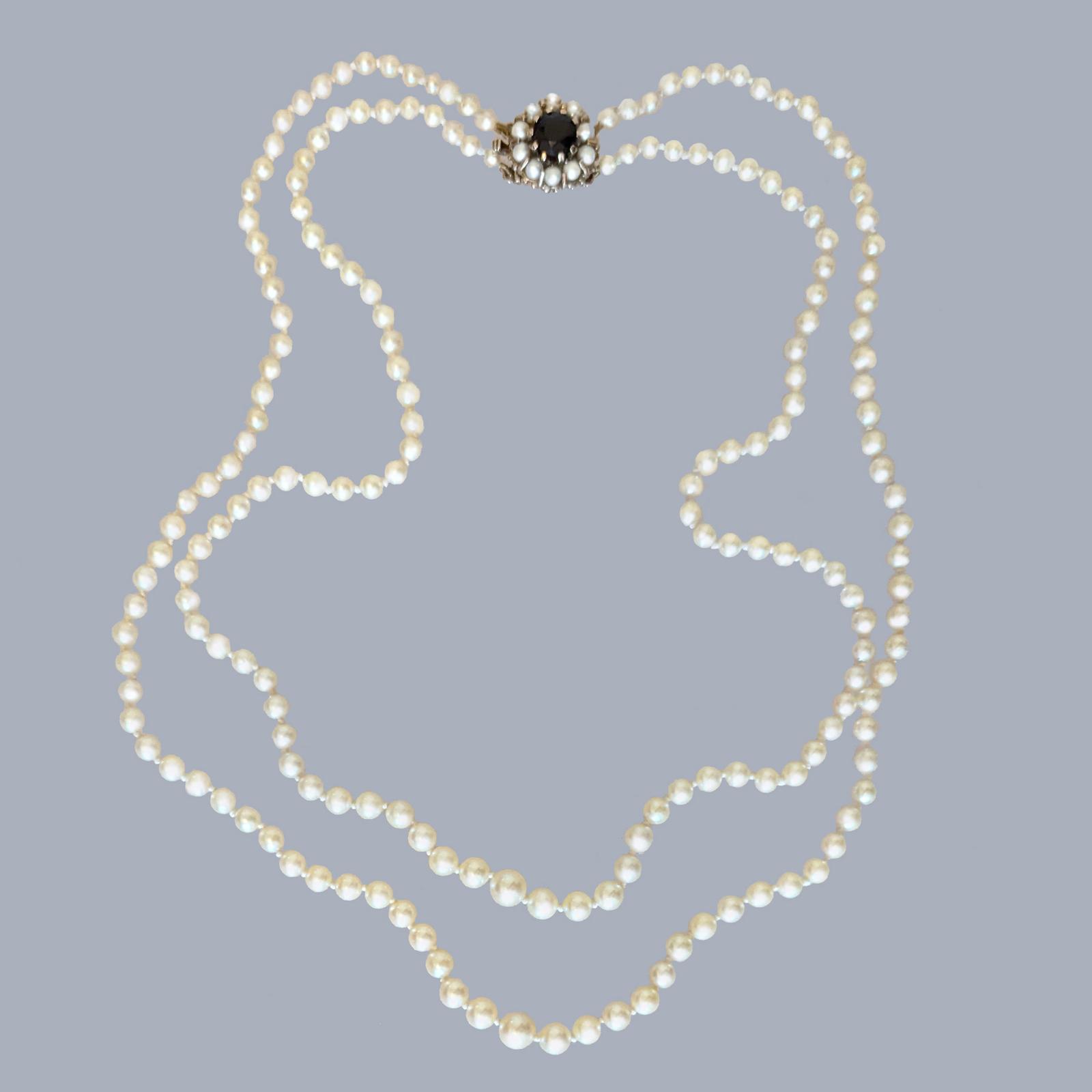 Vintage Pearl Necklace 9ct Gold Floral Garnet Clasp Double Strand 1940s Pearls (1 of 8)