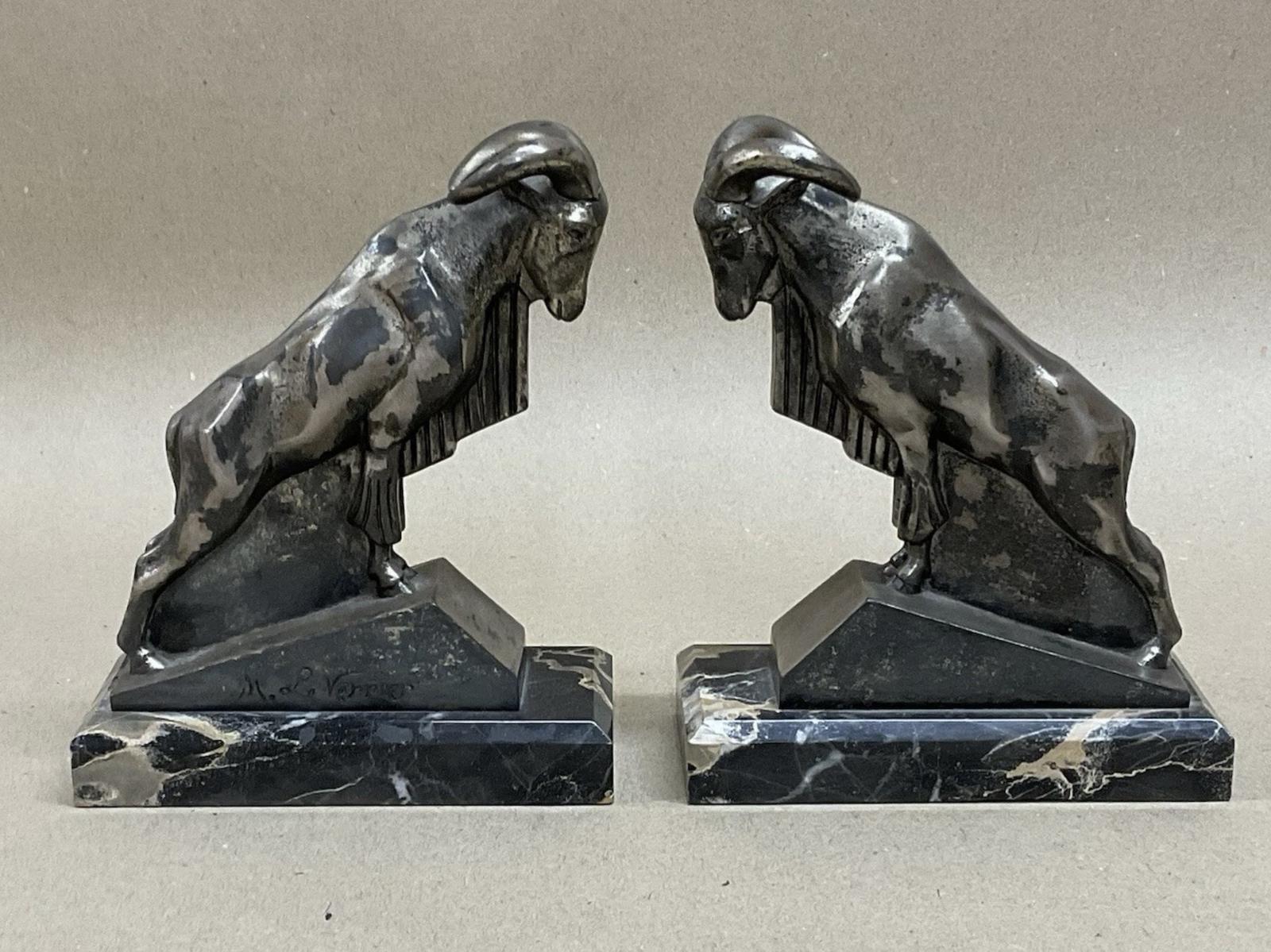 Pair of Art Deco Patinated Silver Plated on Marble Ibex Bookends by Max Le Verrier 1891-1973 Antique c.1900 (1 of 9) Pair of Art Deco Patinated Silver Plated on Marble Ibex Bookends by Max Le Verrier 1891-1973 Antique c.1900 (1 of 9)