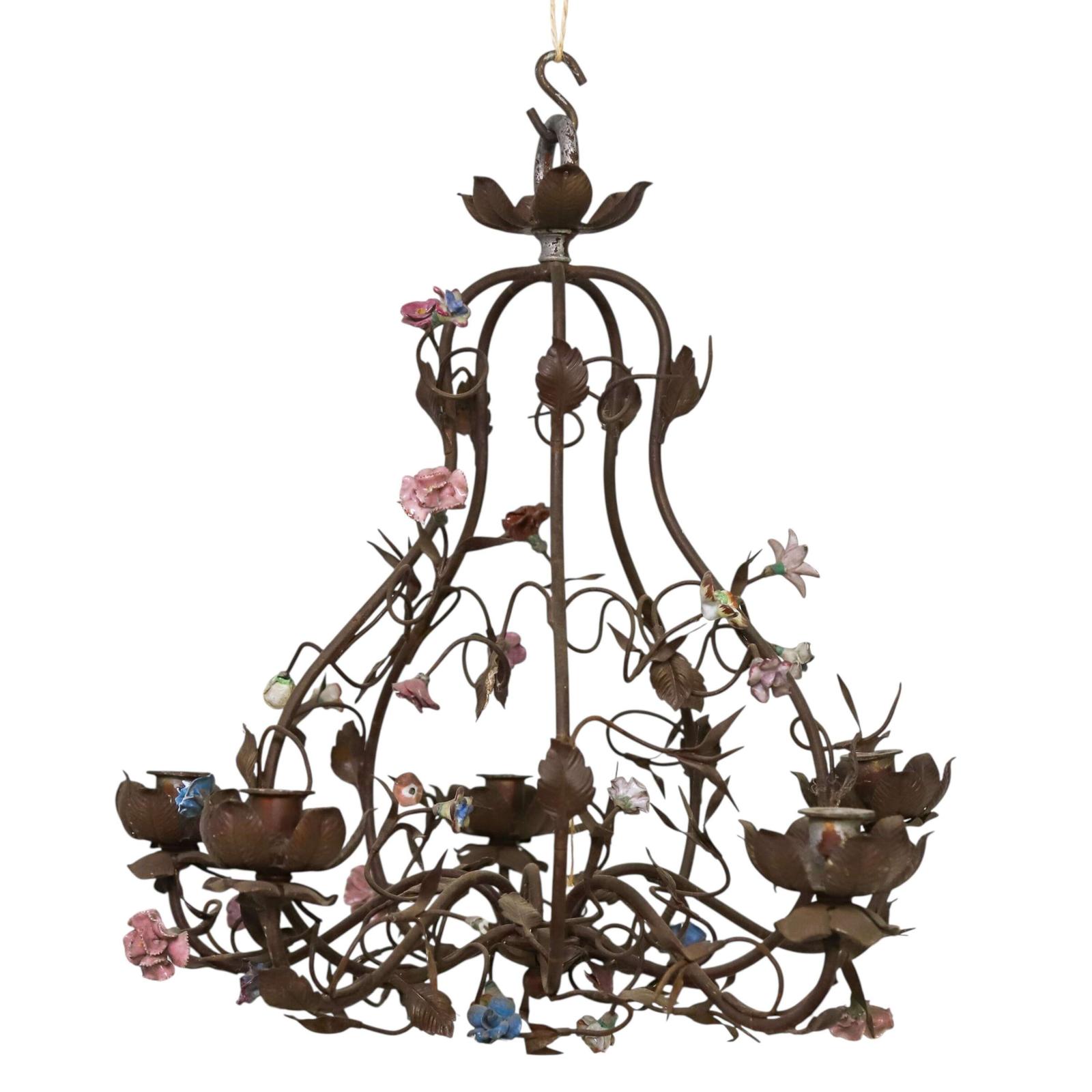 French Decorative Toleware 5 Branch Chandelier with Painted Porcelain Flowers 1950s (1 of 6)