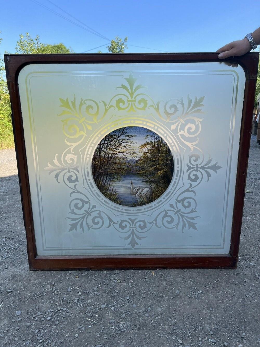 Etched & Painted Glass Window with Painted Swans (1 of 6)