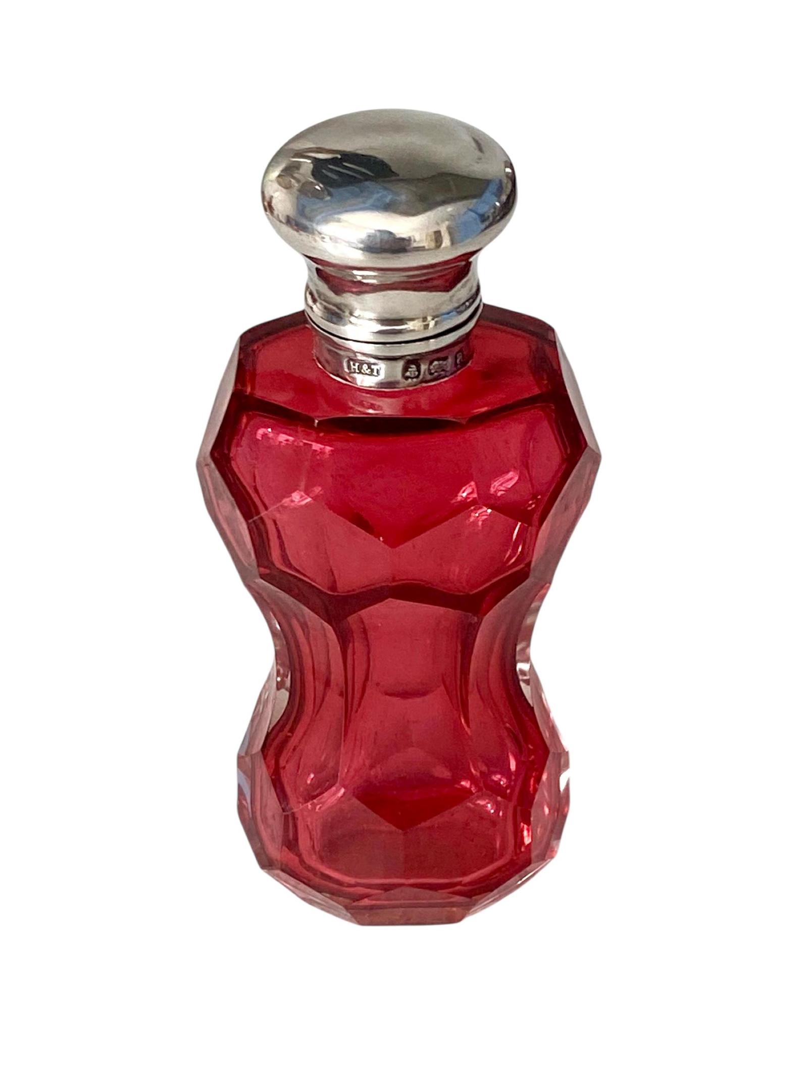 Antique Perfume Scent Bottle Cranberry Glass  Silver Lid Birmingham 1900 (1 of 9)