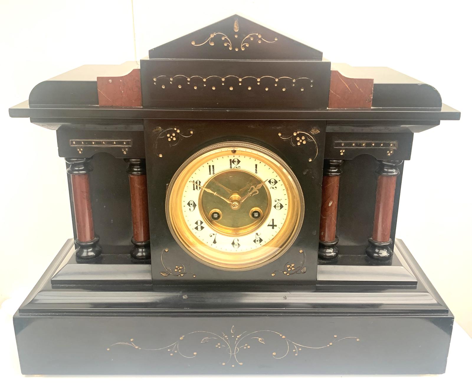 Awesome Fine Striking French 8-day Slate Mantel Clock with Red Marble Inlay (1 of 8)