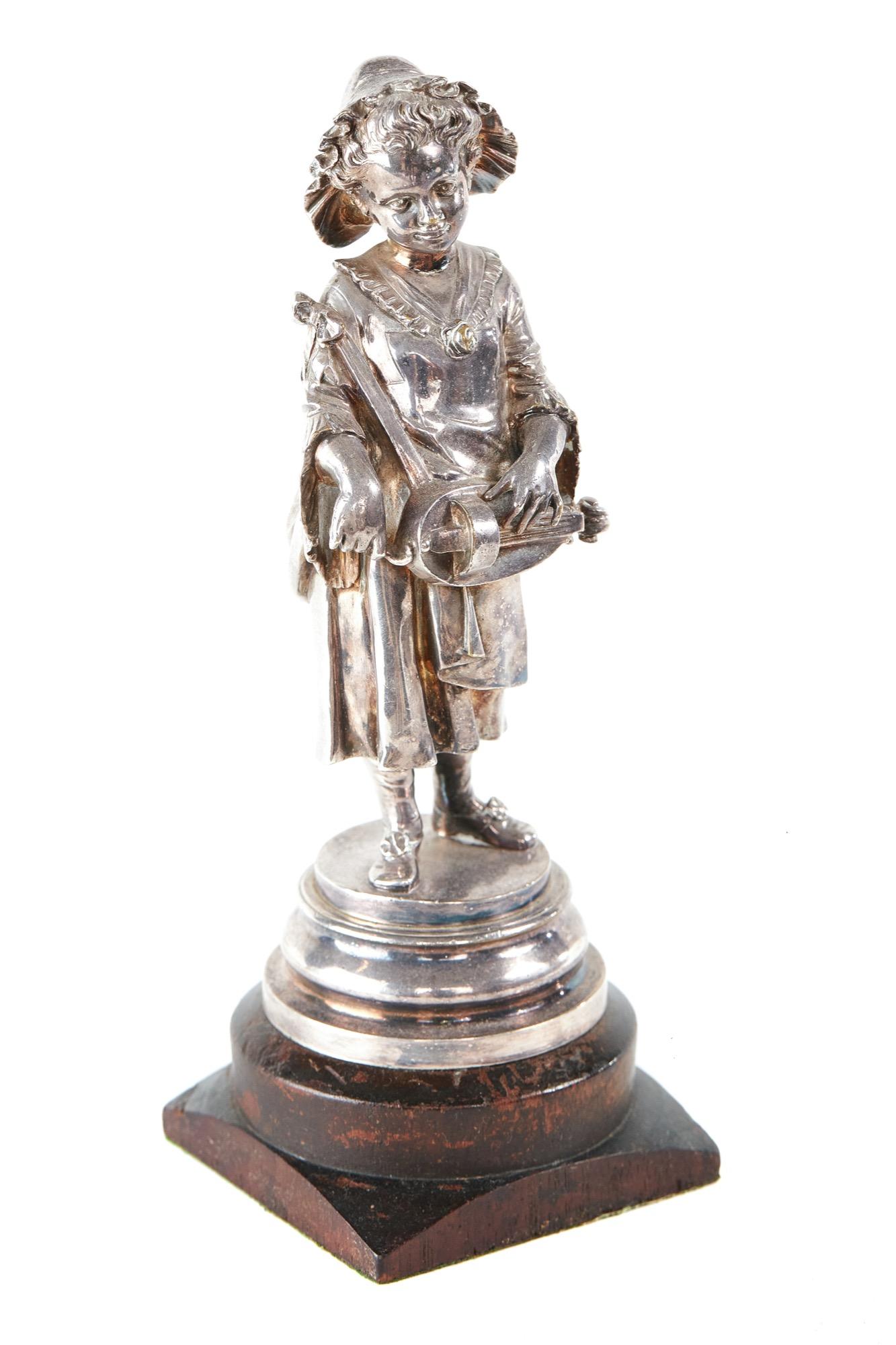 Edwardian Silver Plated Girl Musician Figure Playing the Hurdi Gurdi (1 of 4)