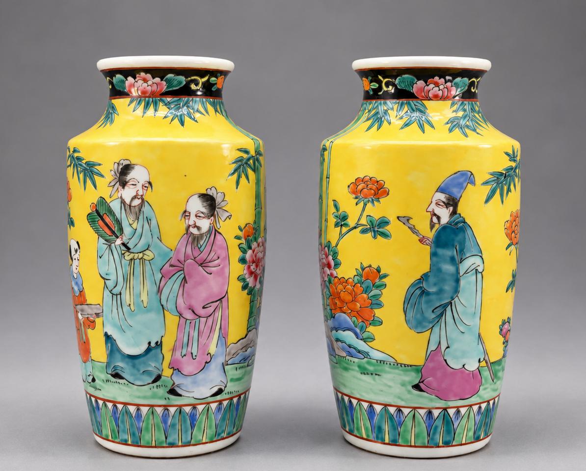Pair of Antique Chinese Famille Rose Yellow Ground Porcelain Figural Vases (1 of 11) Pair of Antique Chinese Famille Rose Yellow Ground Porcelain Figural Vases (1 of 11)