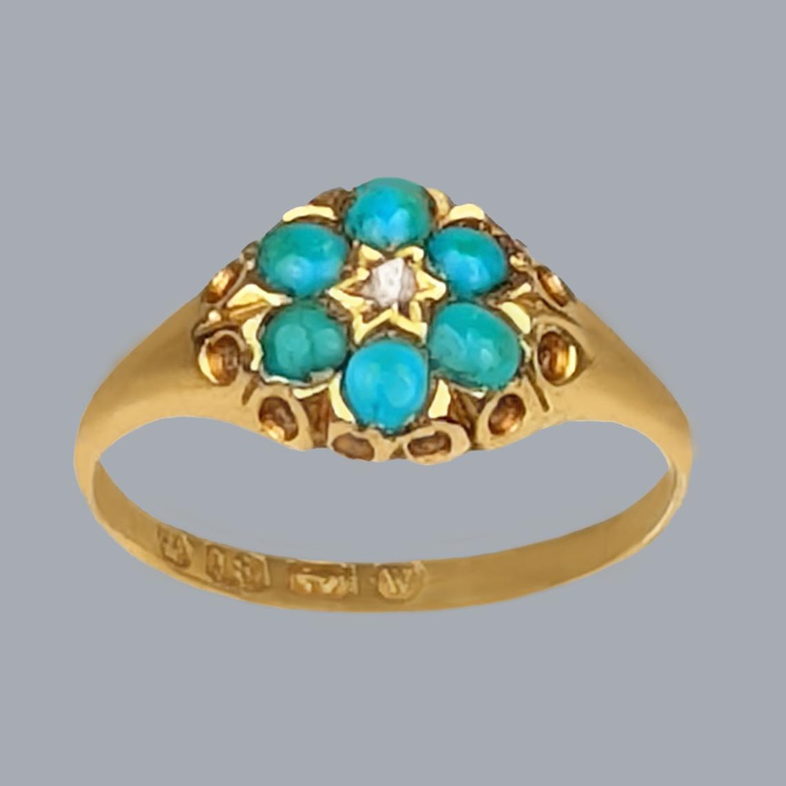 Antique Turquoise & Diamond Cluster Ring Hallmarked 18ct Gold Birmingham 1921 (1 of 5)