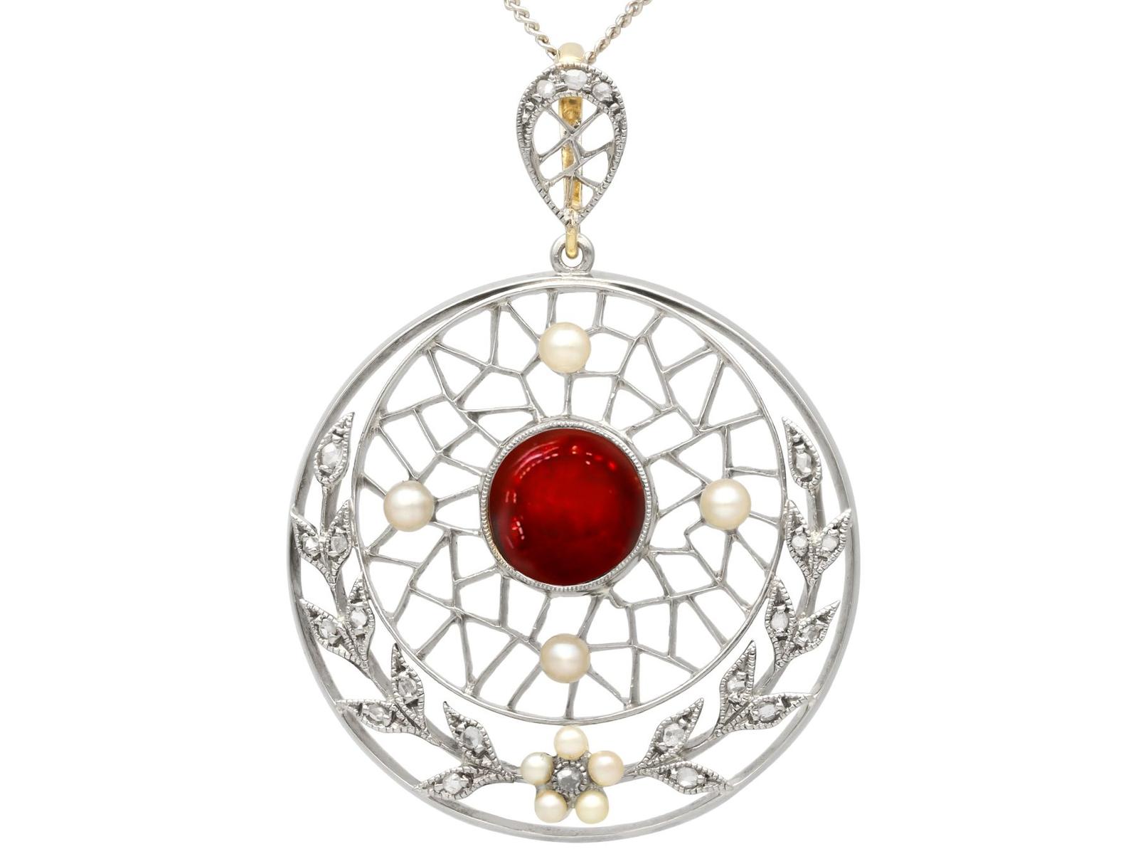 1.74ct Garnet & 0.17ct Diamond, Pearl & 12ct Yellow Gold Pendant - Antique c.1900 (1 of 9)