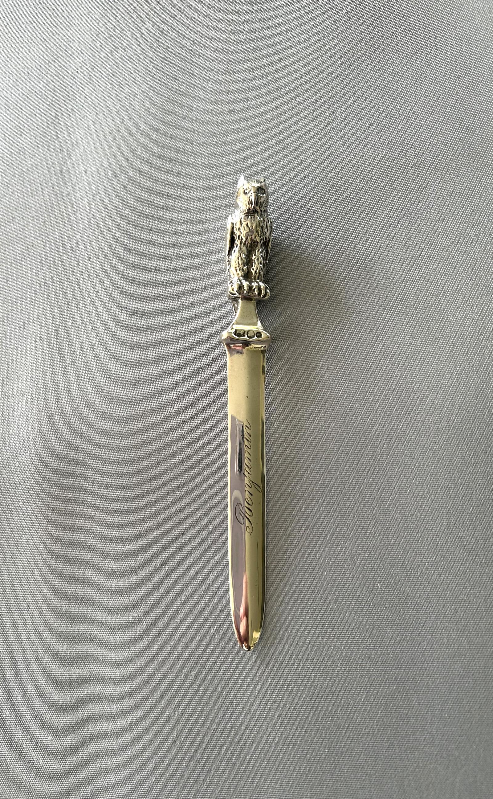 Outstanding Dutch Silver Owl Letter Opener Engraved 'Benjamin' (1 of 6)
