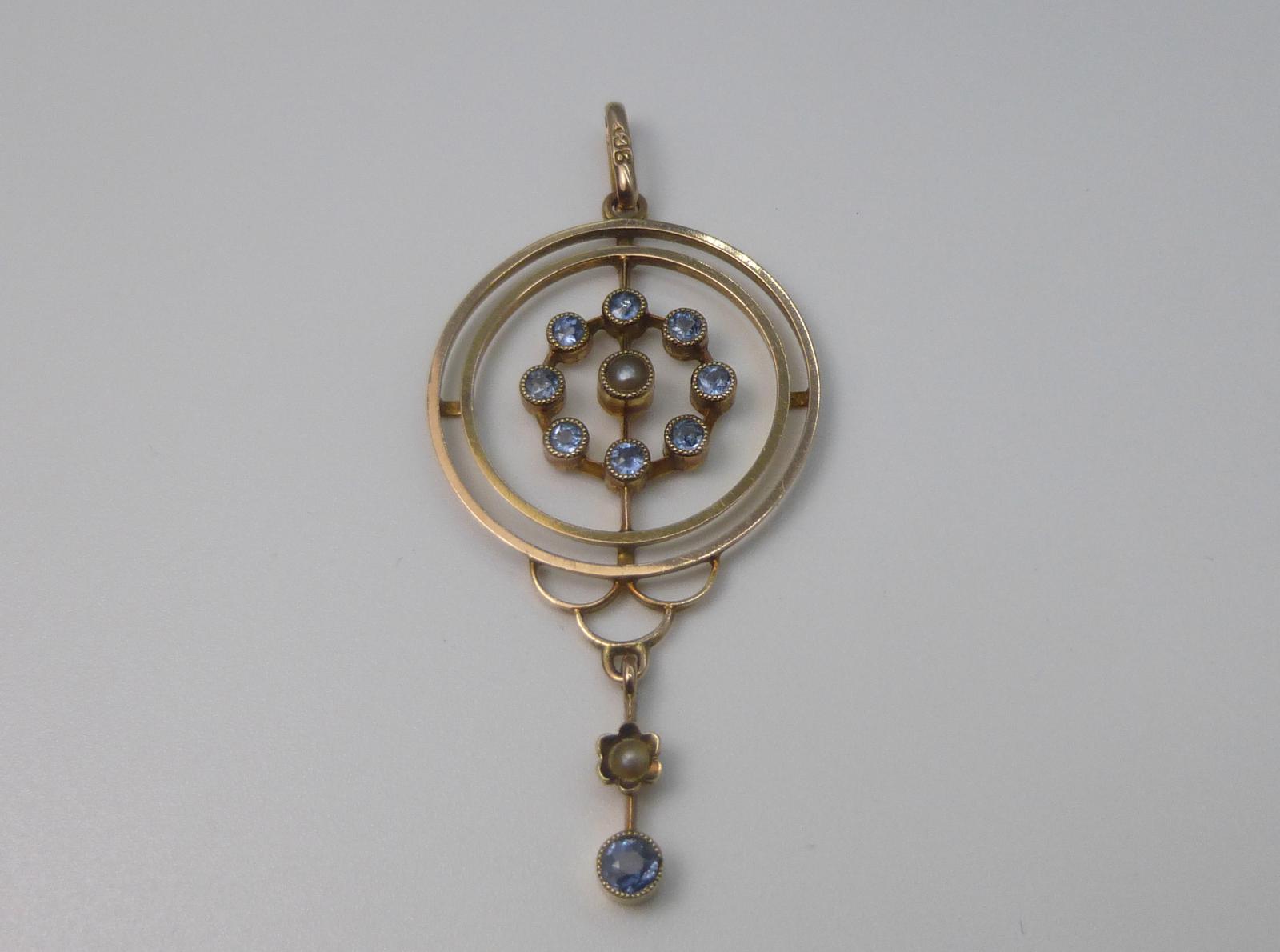 Edwardian 9ct Gold, Sapphire & Seed Pearl Pendant (1 of 5)