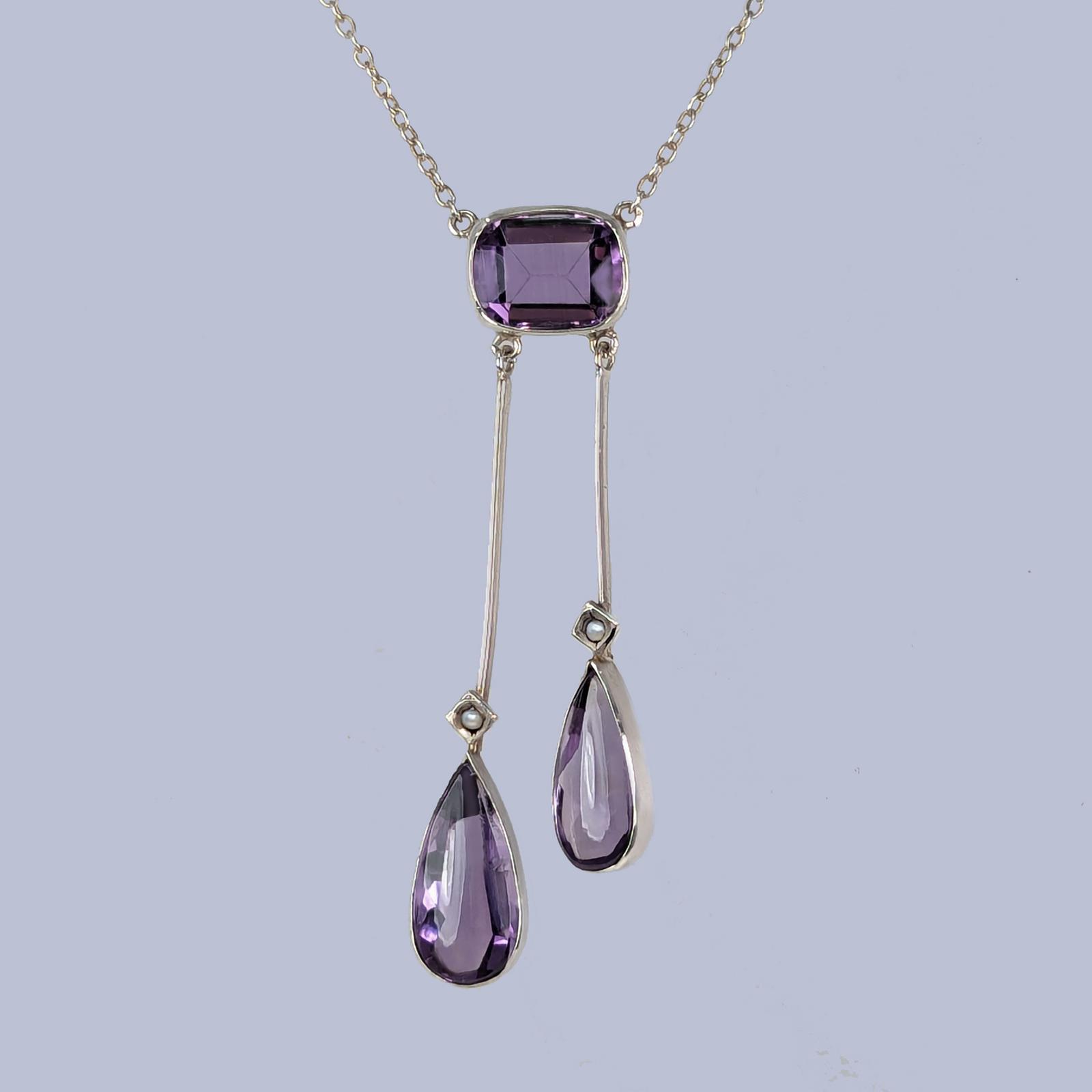 Exquisite Edwardian Amethyst & Pearl Negligé Necklace 18ct Gold Pendant c.1910 (1 of 6)