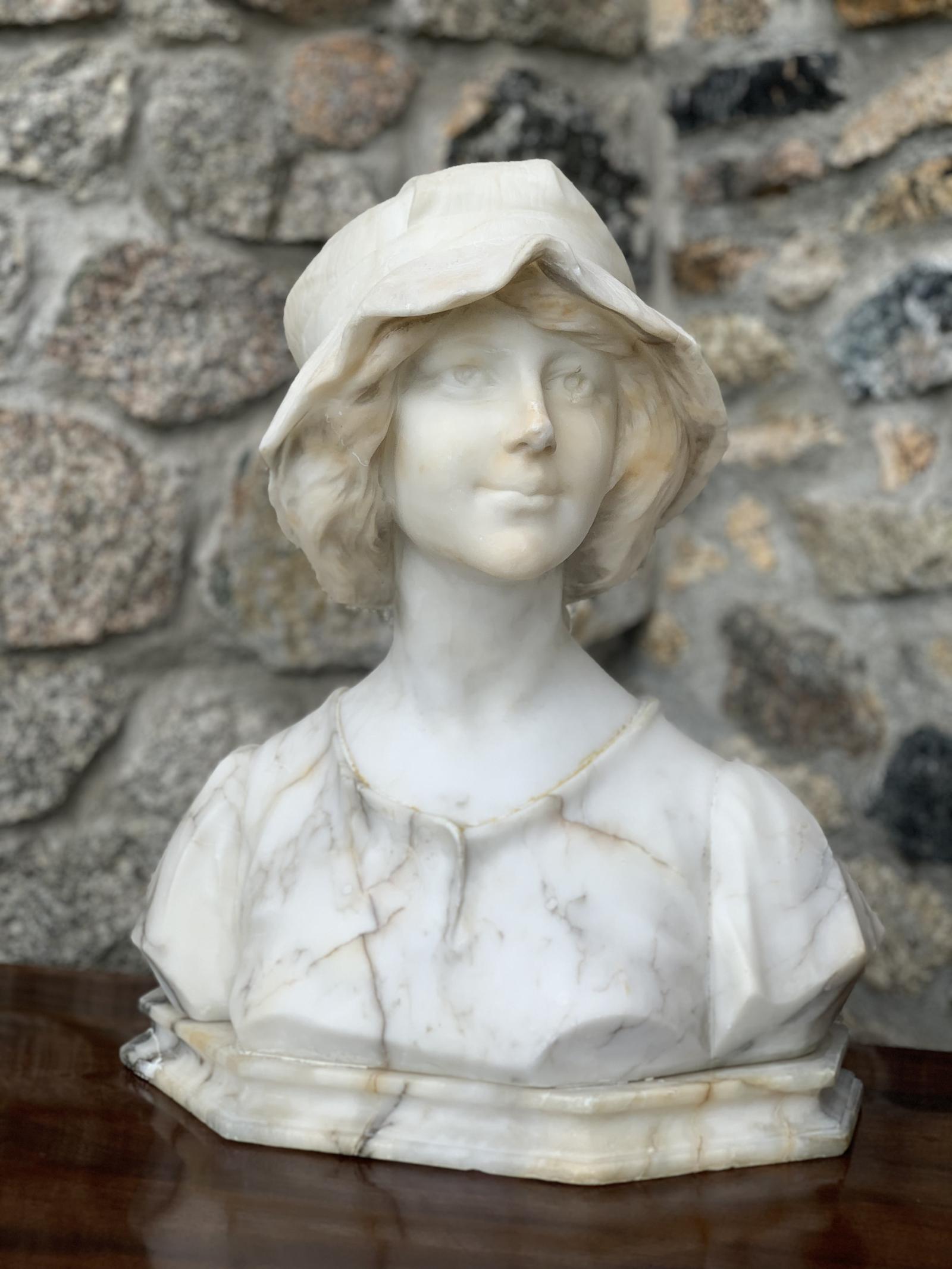 Alabaster Bust of Young Girl Wearing a Bonnet (1 of 25)