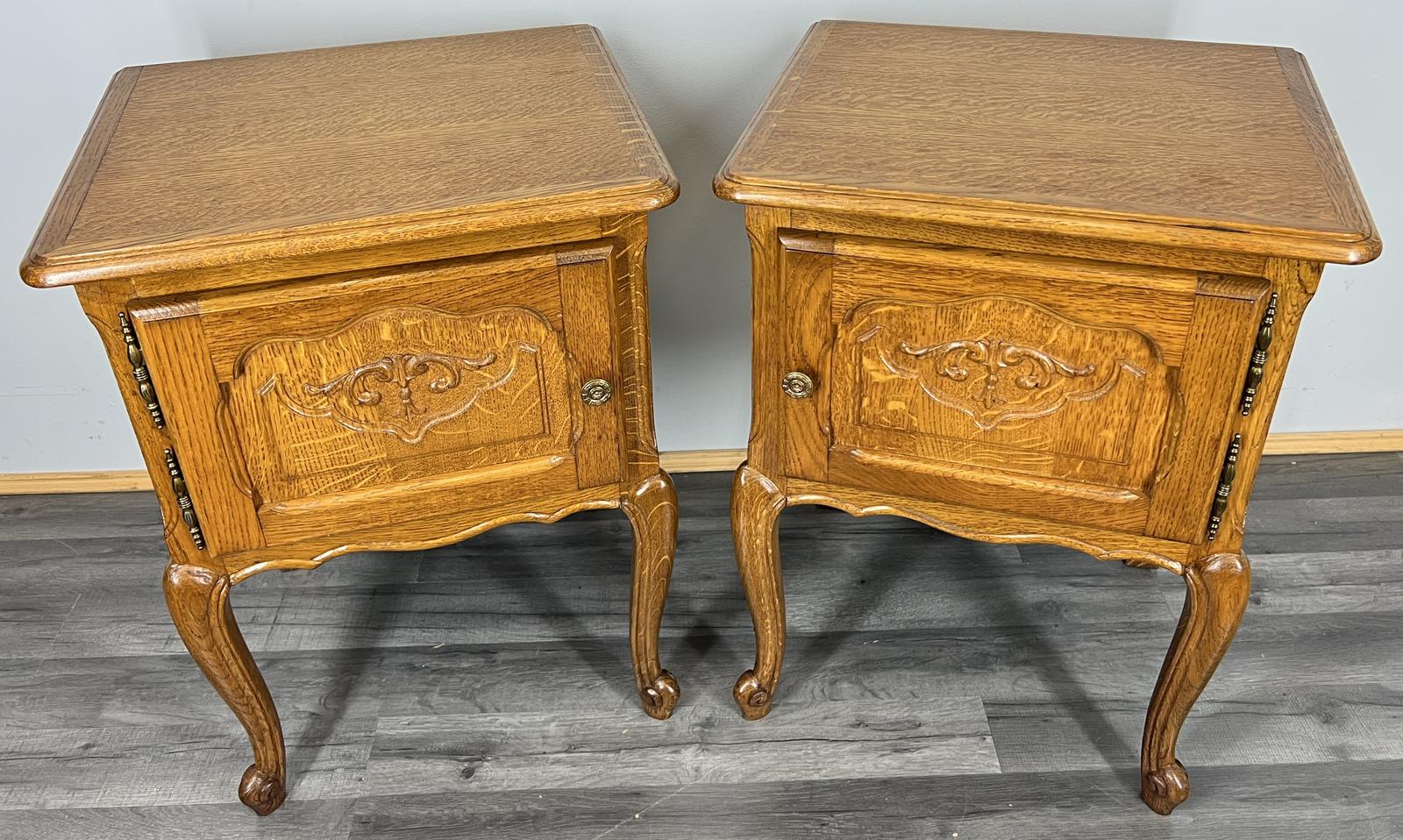 Pair of  Bedside Tables Vintage French Oak Carved Nightstands Cabinets (1 of 11)