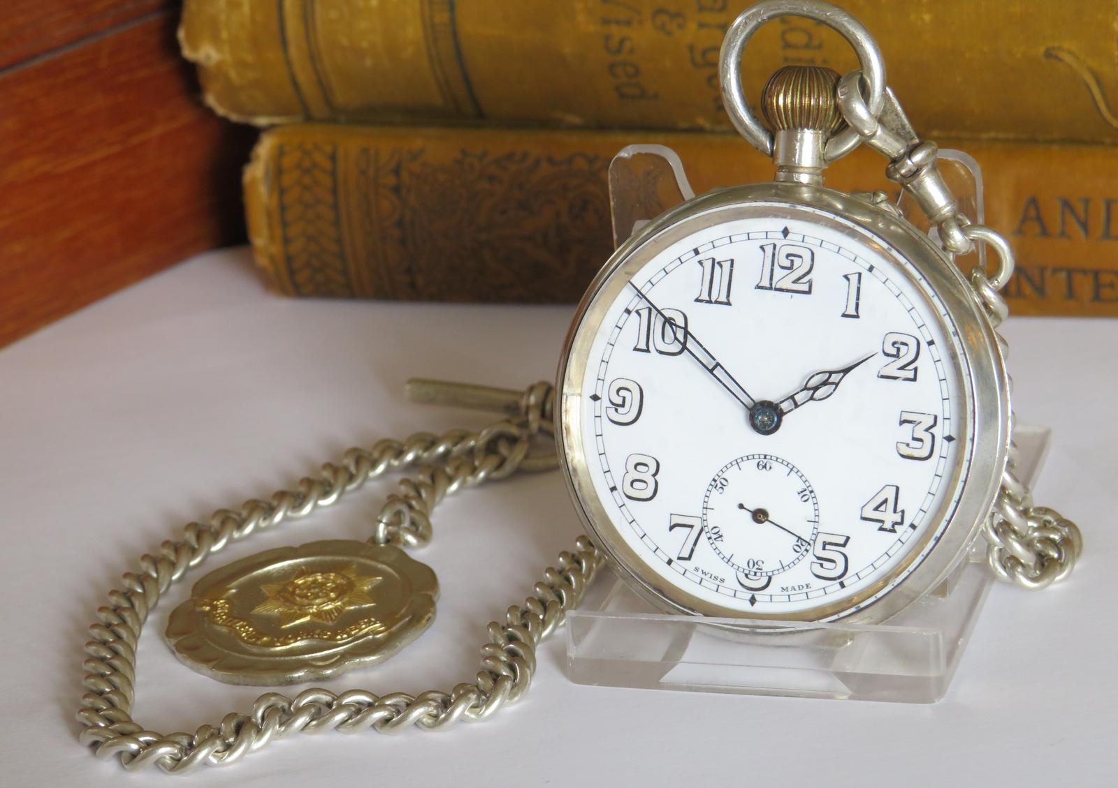 Pocket Watch: Antique Silver Pocket Watch, Chain & Military Fob (1 of 6) Pocket Watch: Antique Silver Pocket Watch, Chain & Military Fob (1 of 6)