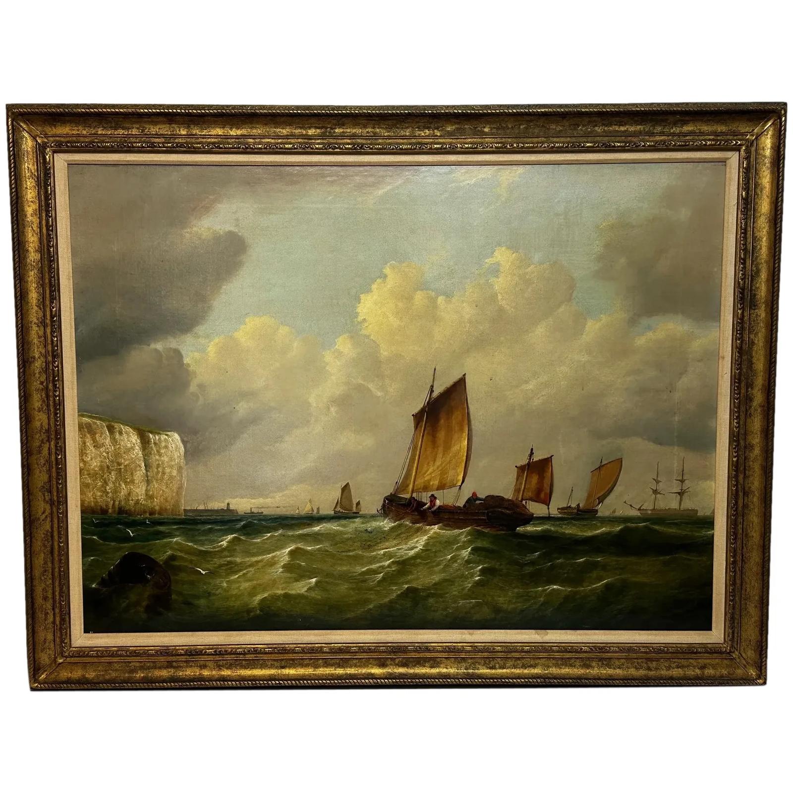 19th Century Oil Painting Polly Ramsgate Fishing Trawler off Dover by William Broome (1 of 83)