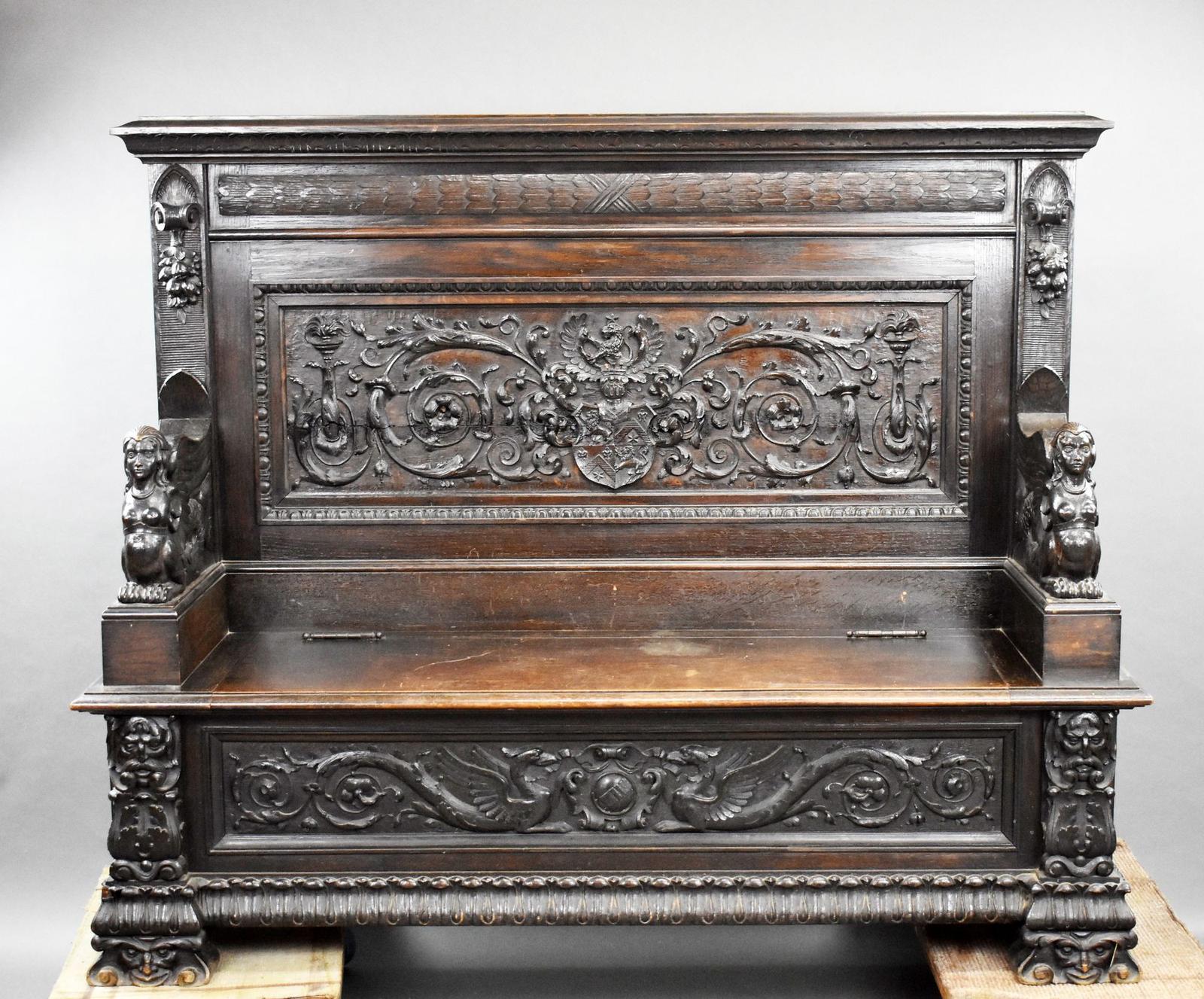 19th Century Heavily Carved Oak Settle (1 of 18)