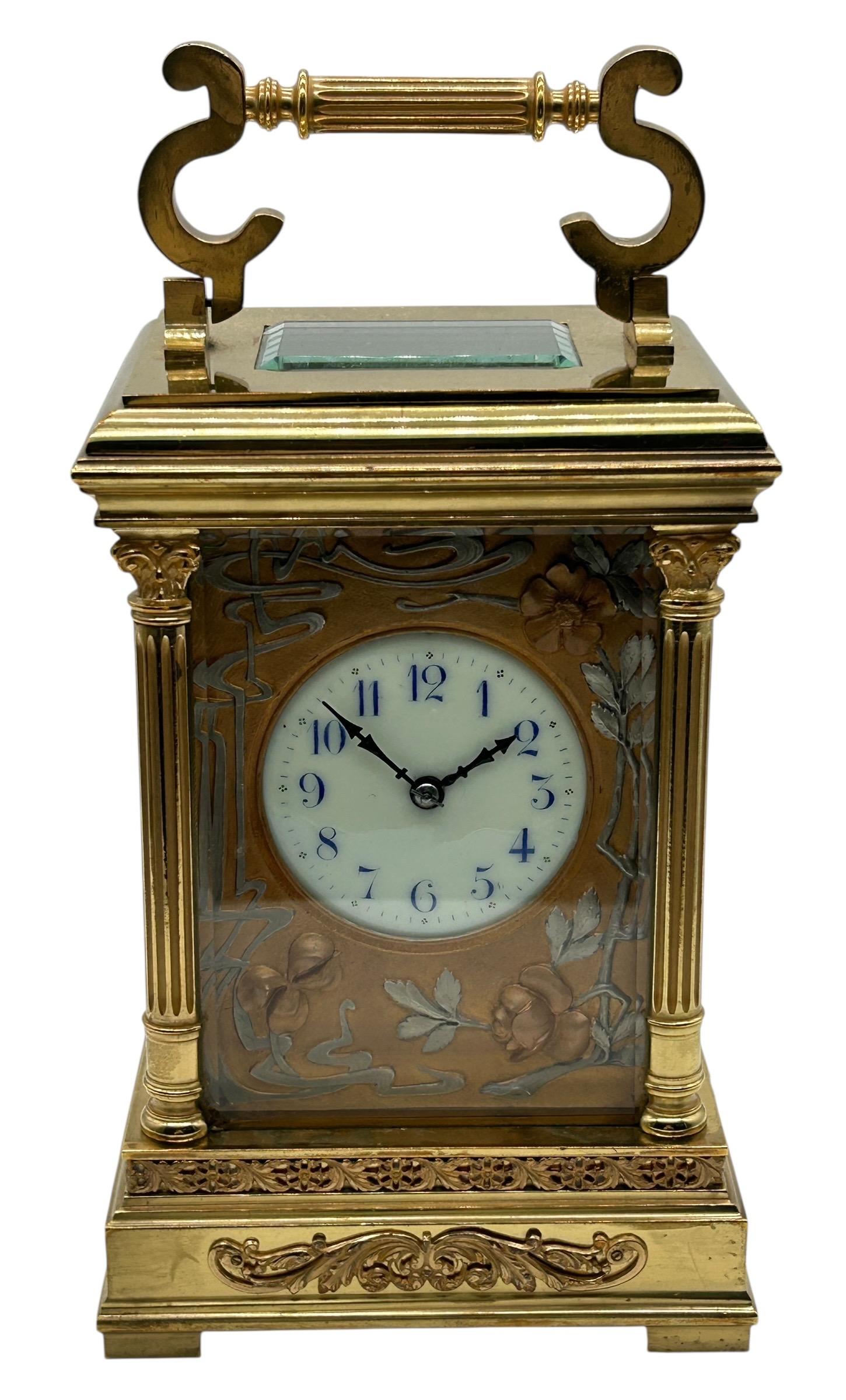 Art Nouveau Mantel Clock Tulip Designed Masked Dial – French 8-day Gong Striking Carriage Clock (1 of 11) Art Nouveau Mantel Clock Tulip Designed Masked Dial – French 8-day Gong Striking Carriage Clock (1 of 11)