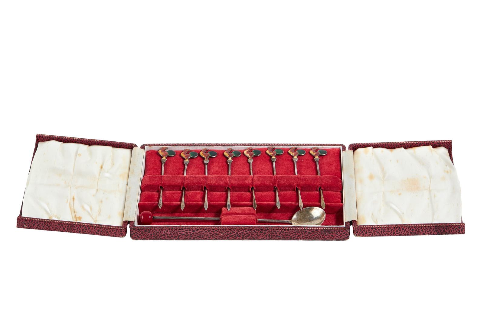 Cased Set 8 Silver & Enamel Cockerel Cocktail Sticks (1 of 6)