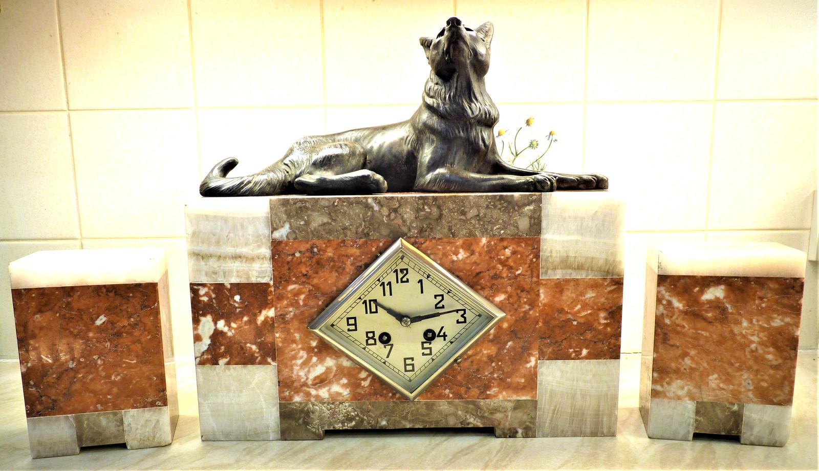 Art Deco Clock Set: 1920s French Art Deco Marble Cased Striking Mantel Clock Set with Figurine Spelter Dog (1 of 7) Art Deco Clock Set: 1920s French Art Deco Marble Cased Striking Mantel Clock Set with Figurine Spelter Dog (1 of 7)