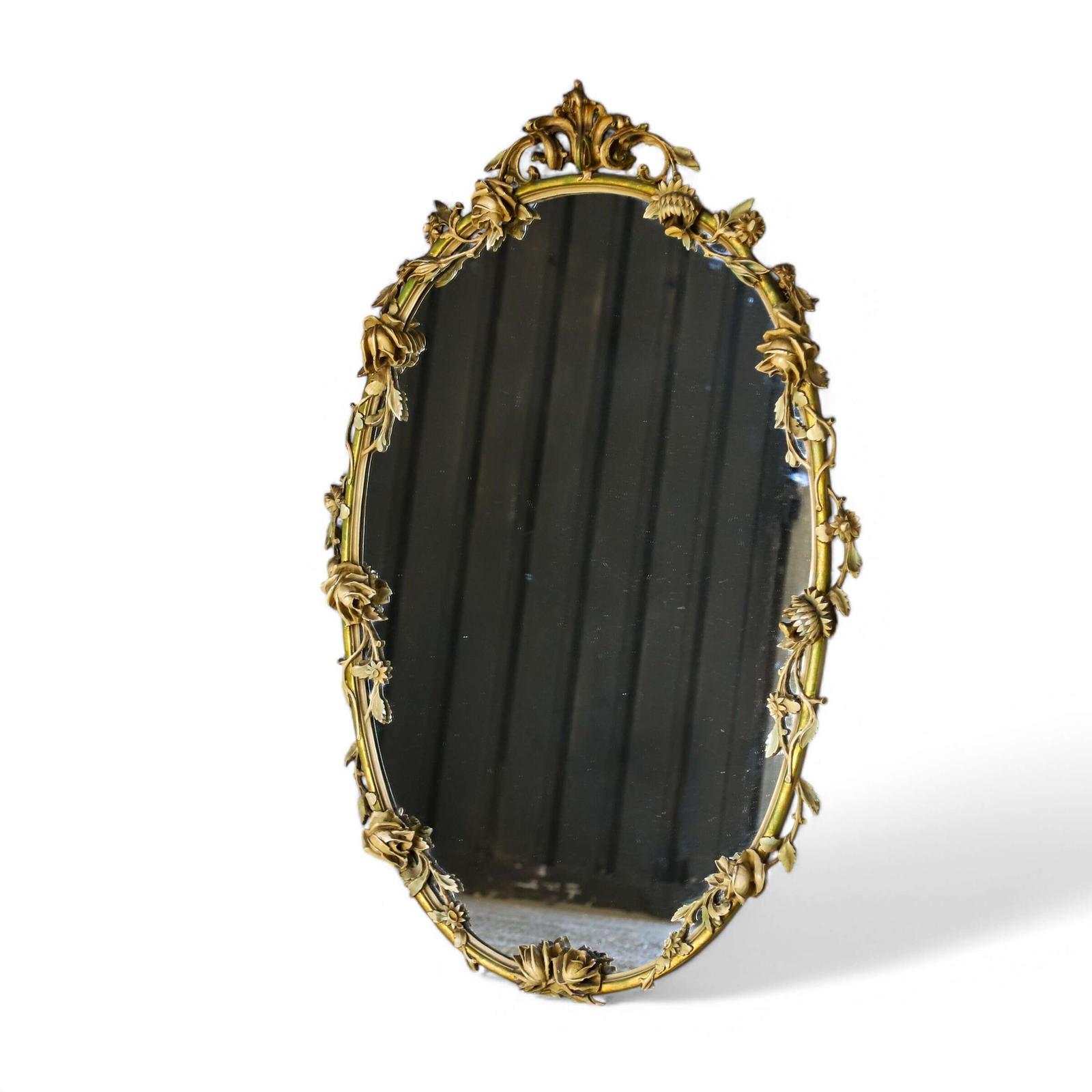 Vintage 1940s Italian Oval Wall Hanging Mirror with Wooden Frame & Floral Mouldings (1 of 11)