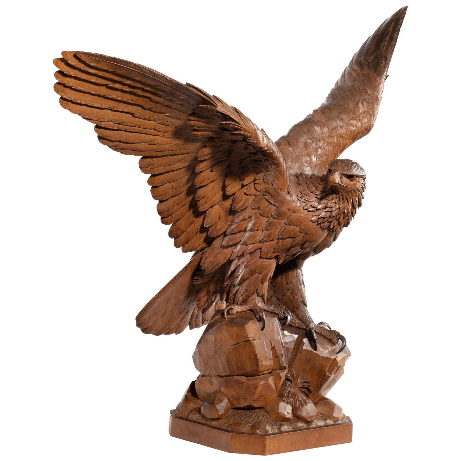 Fine Black Forest Walnut Eagle, Shown Perched on a Rocky Outcrop with the Wings Raised and the Head Turned to the Right, Swiss c.1880 (1 of 5)