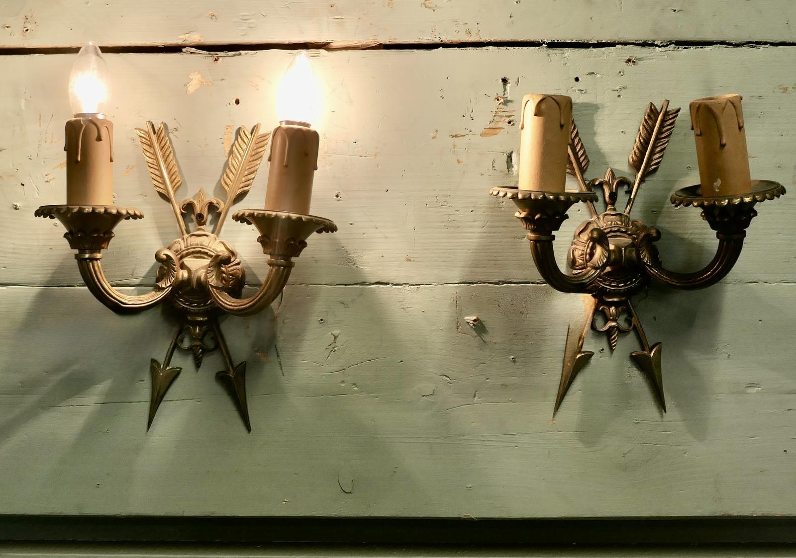 Unusual Pair of French Brass Twin Wall Lights with Arrows (1 of 4) Unusual Pair of French Brass Twin Wall Lights with Arrows (1 of 4)