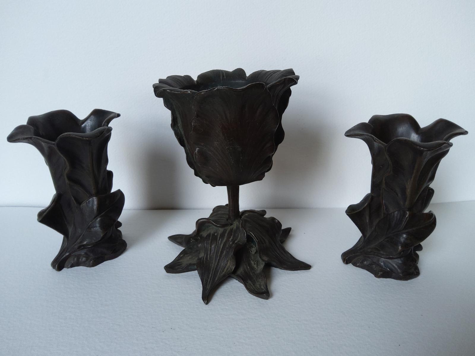 Set of Three Patinated Bronze Vases in Naturalistic Style (1 of 8)