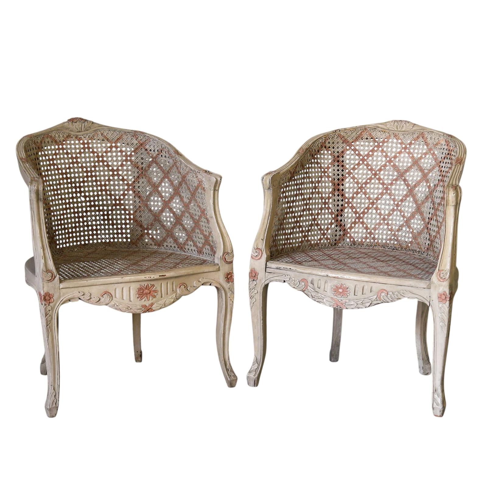 Pair of 20th Century French Louis XV Style Painted Cane Armchairs circa 1910 (1 of 9) Pair of 20th Century French Louis XV Style Painted Cane Armchairs circa 1910 (1 of 9)