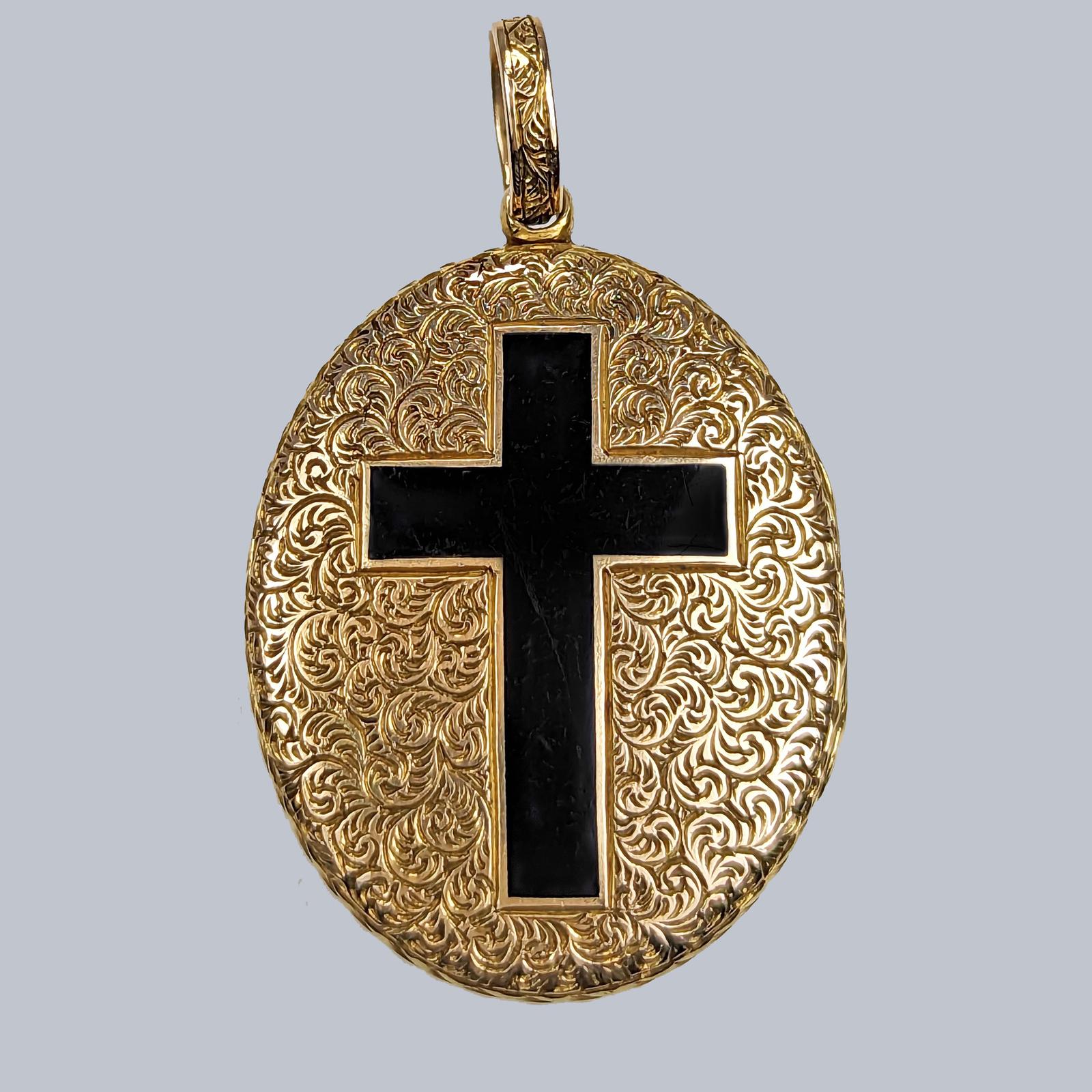 Victorian Locket 15ct Gold Black Enamel Cross Antique Photo Mourning Locket 1874 (1 of 6)