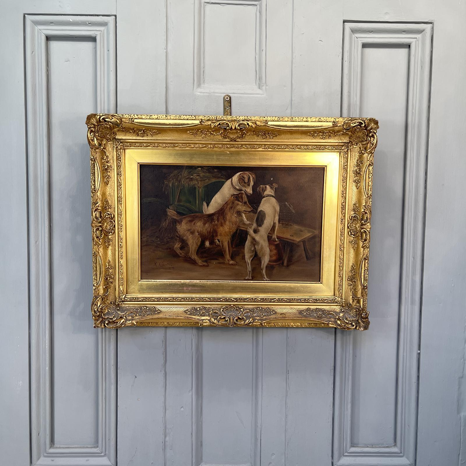 Antique Oil Painting Study of 3 Inquisitive Terrier Dogs with Rat Trap Signed H Allcock 1906 (1 of 10)