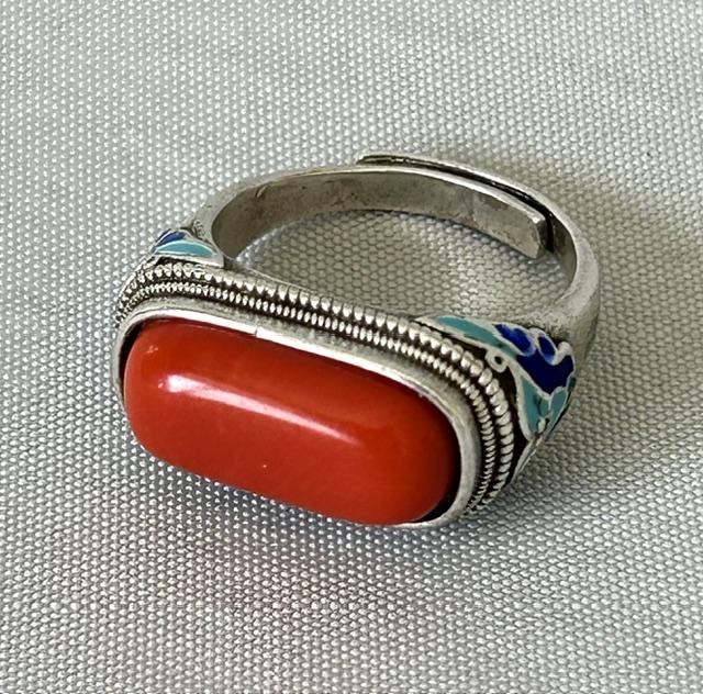 Chinese Silver, Coral & Enamel Adjustable Ring (1 of 6) Chinese Silver, Coral & Enamel Adjustable Ring (1 of 6)