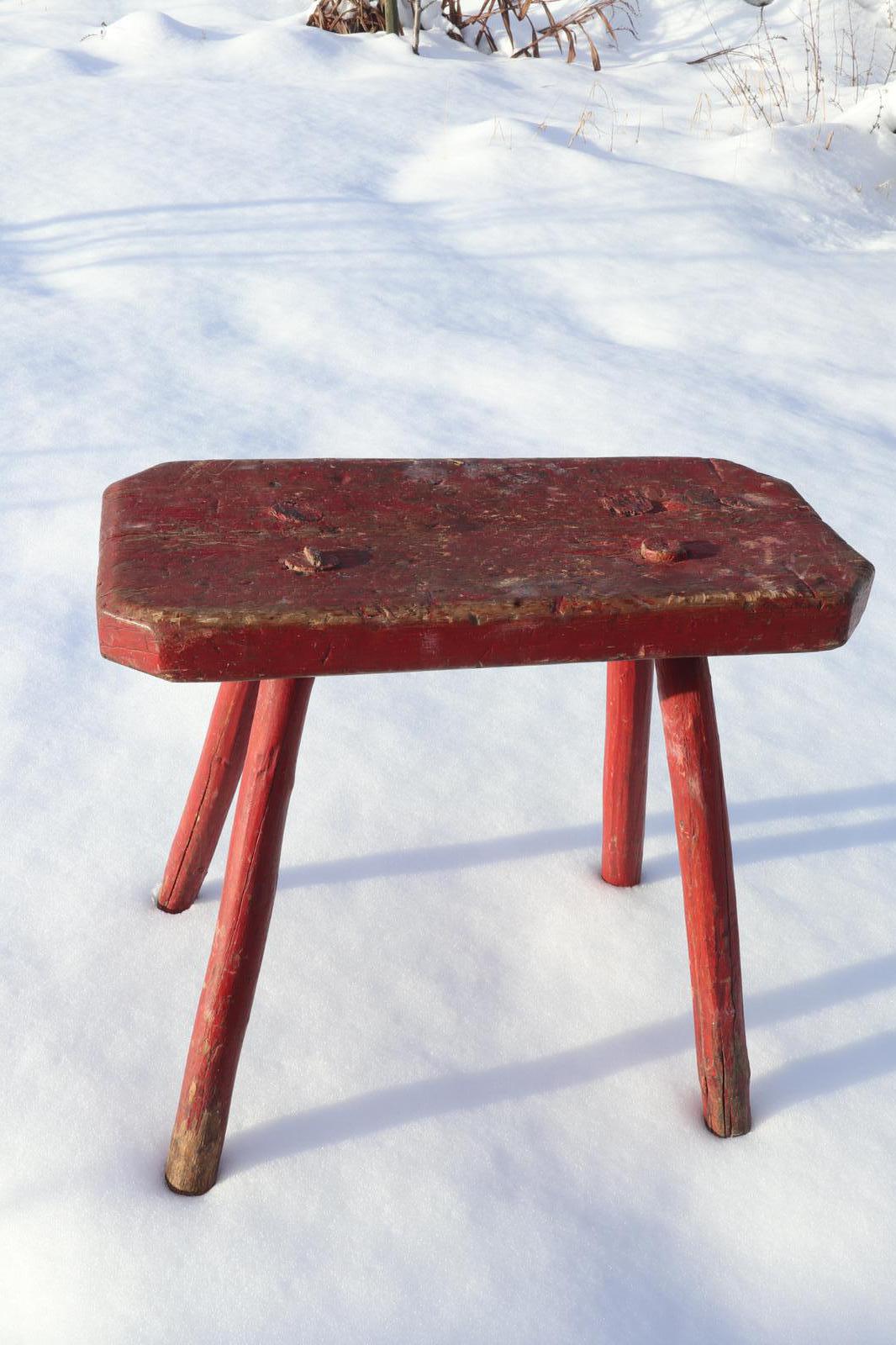 Swedish / Scandinavian 'Folk Art' Large Stool Original Red Paint Marked, 1831 (1 of 15)