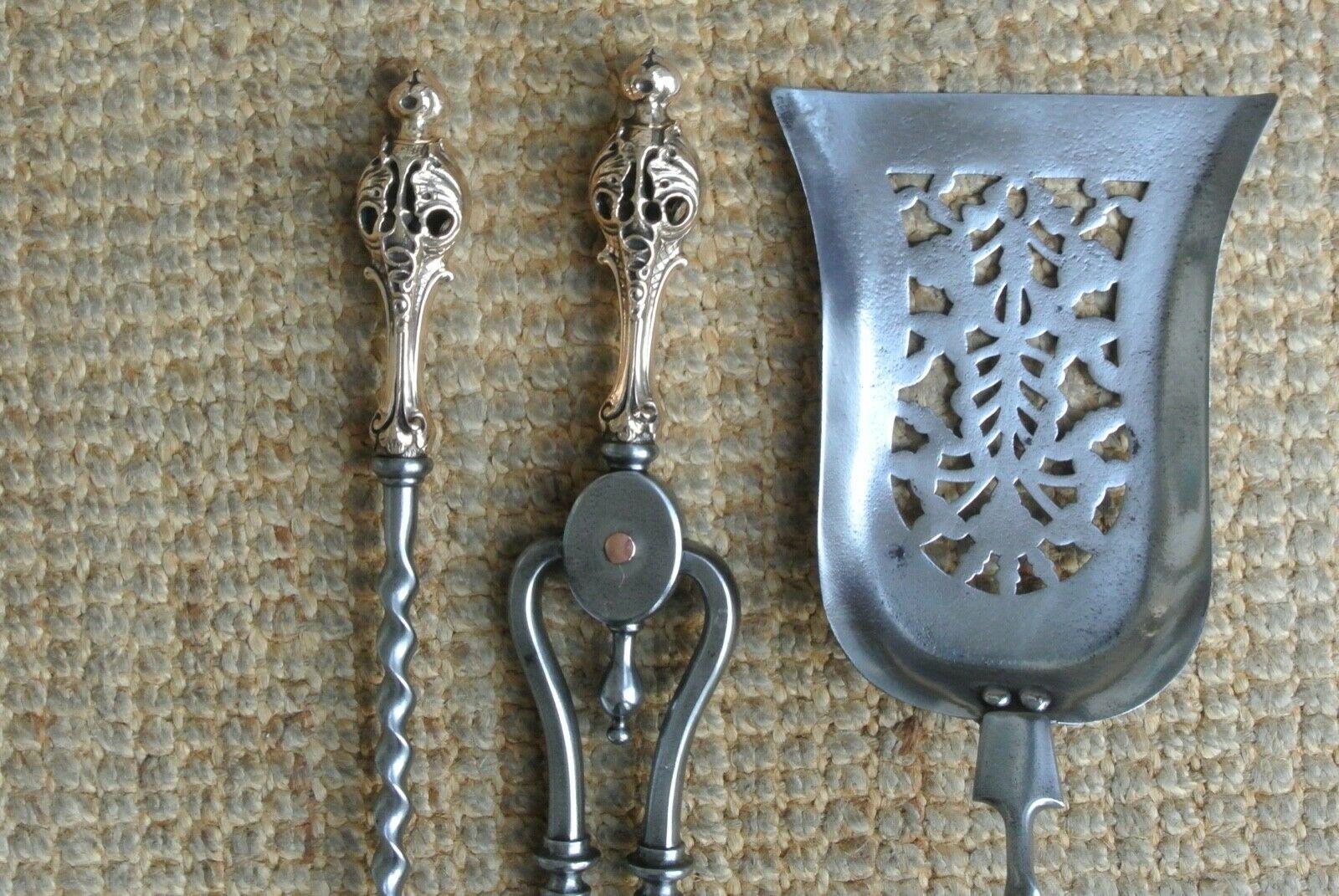 Fine Victorian Steel & Red Brass Fire Irons Poker Tongs Shovel c.1860 (1 of 12)