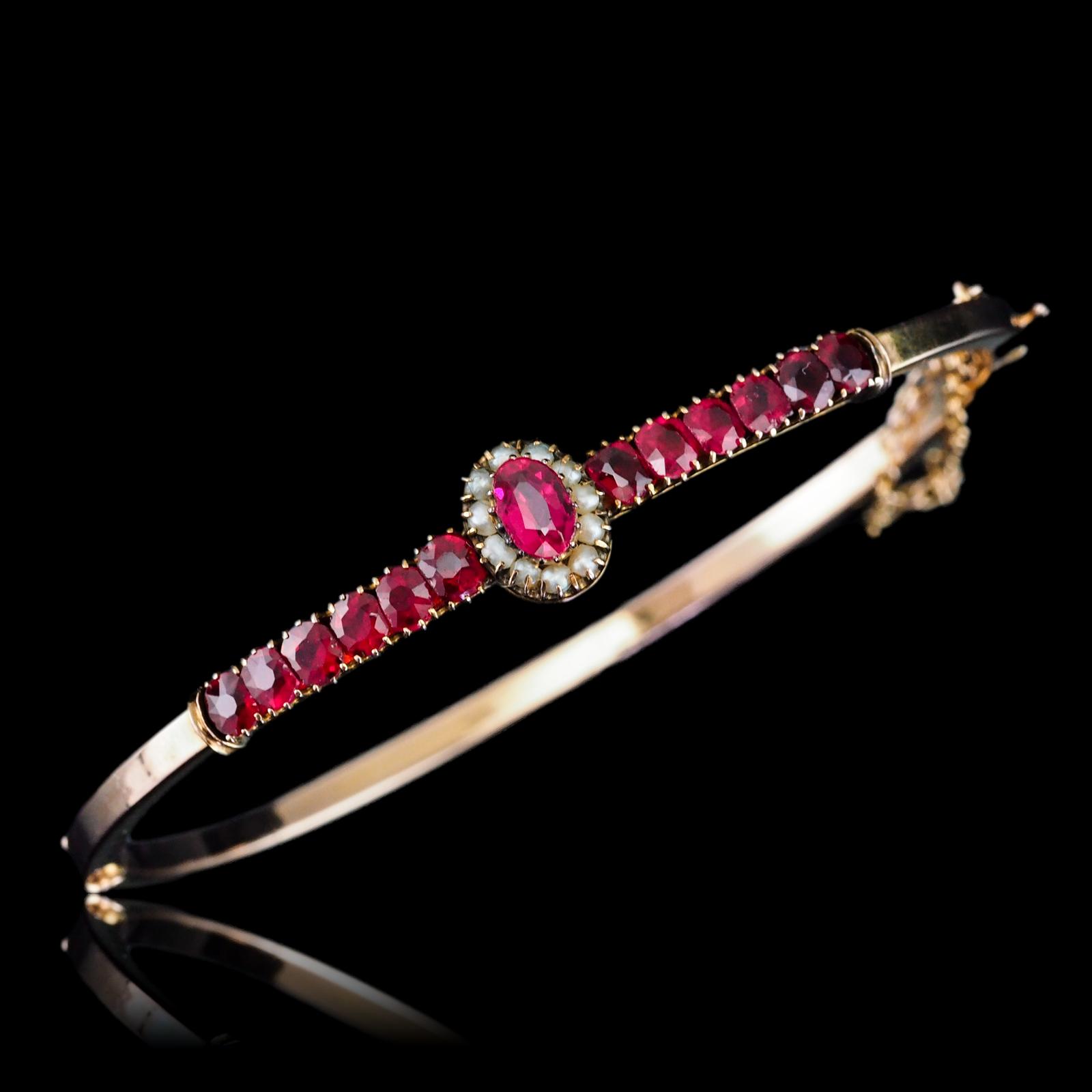 Antique Victorian/edwardian Pink Garnet & Seed Pearl Bangle 9K Gold - c.1900 (1 of 21)