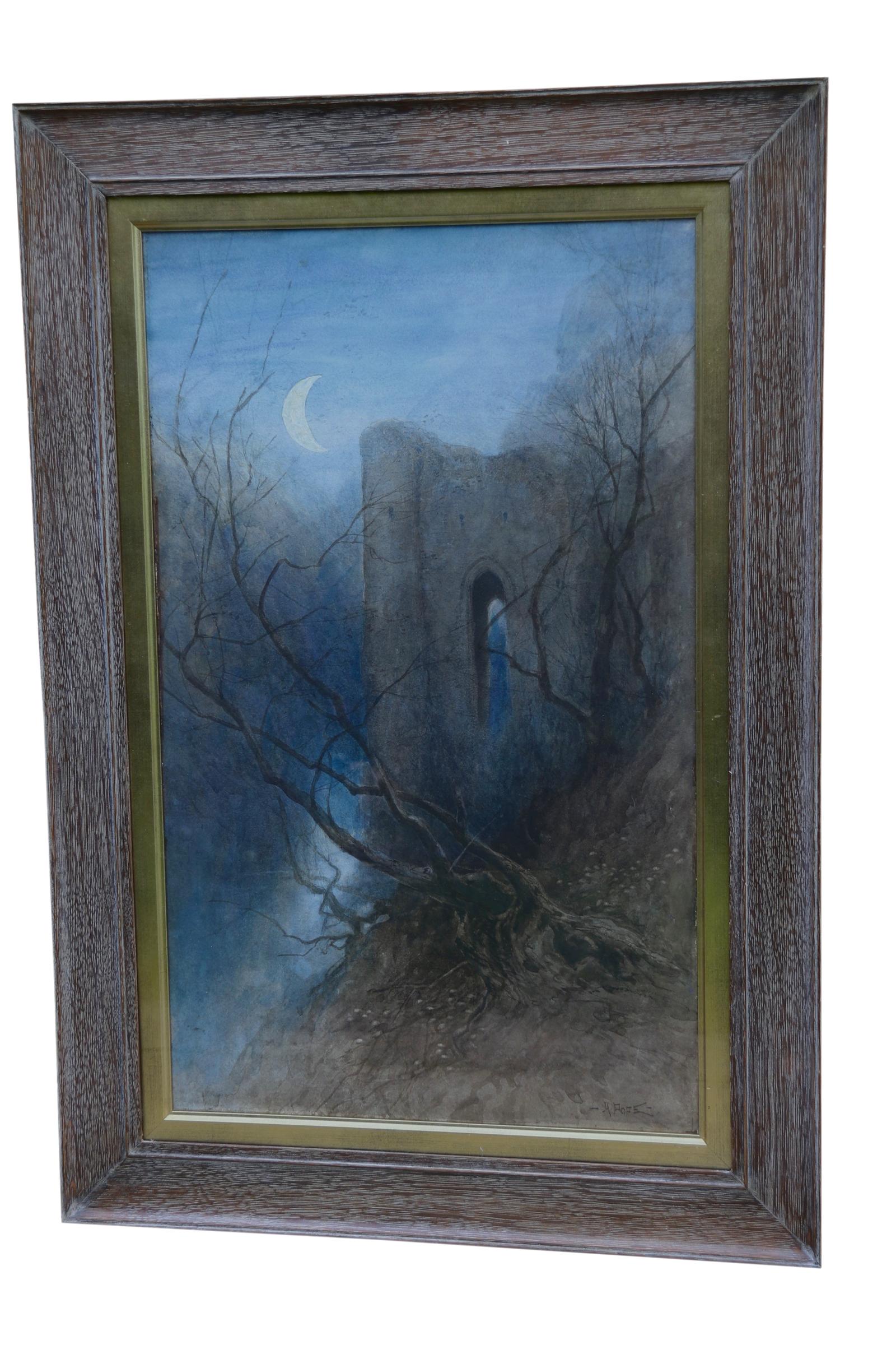19th Century Watercolour by Henry Martin Pope of a Moonlit Castle Ruin by a Lake (1 of 9)