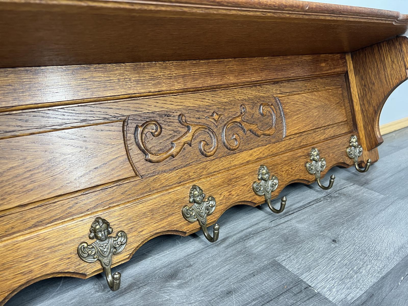 French Vintage Coat Rack Oak 6 Brass Hooks Carved Wall Shelf (1 of 11)