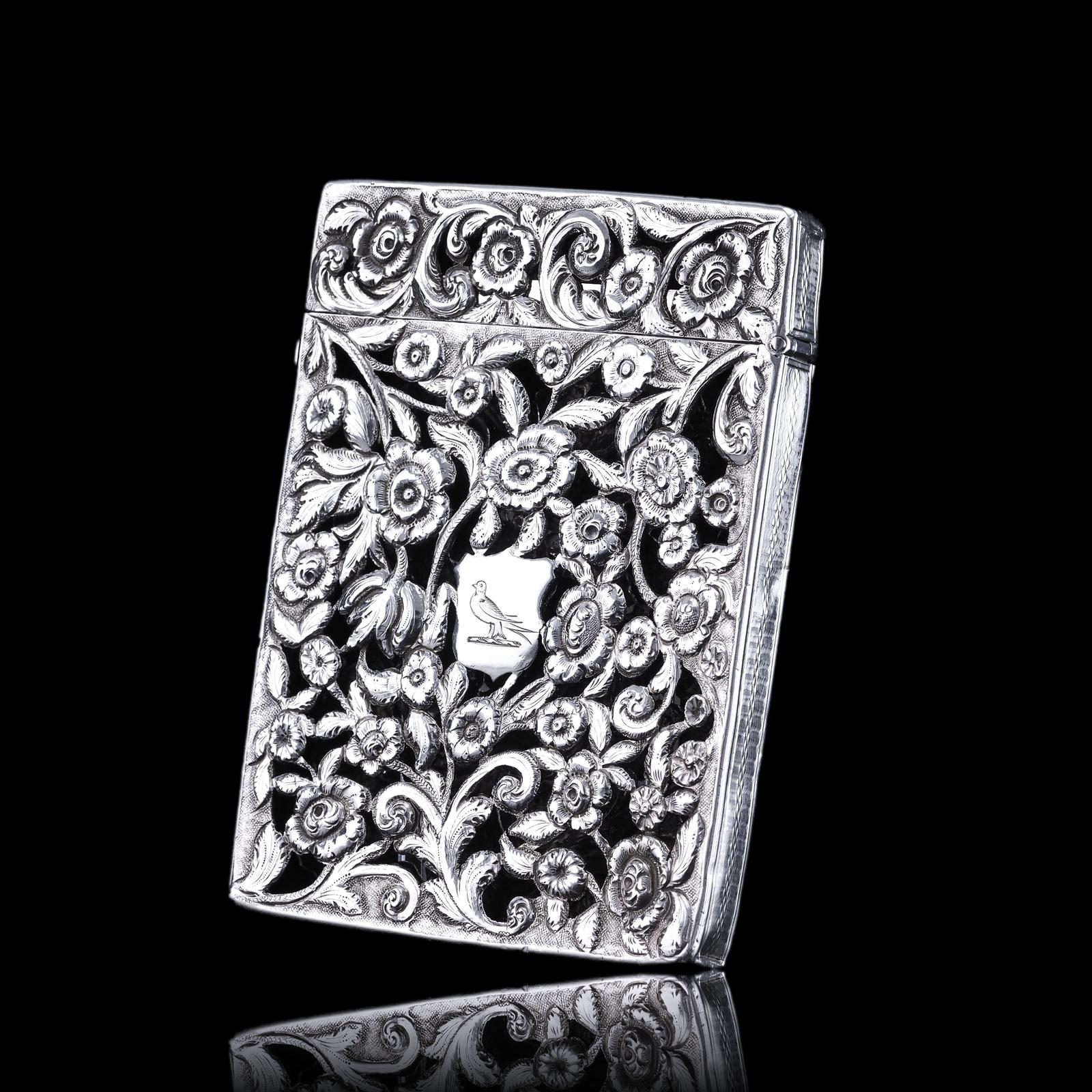 Antique Victorian Solid Silver Card Case with Floral Chased & Pierced Motif - Francis Clark 1839 (1 of 18)