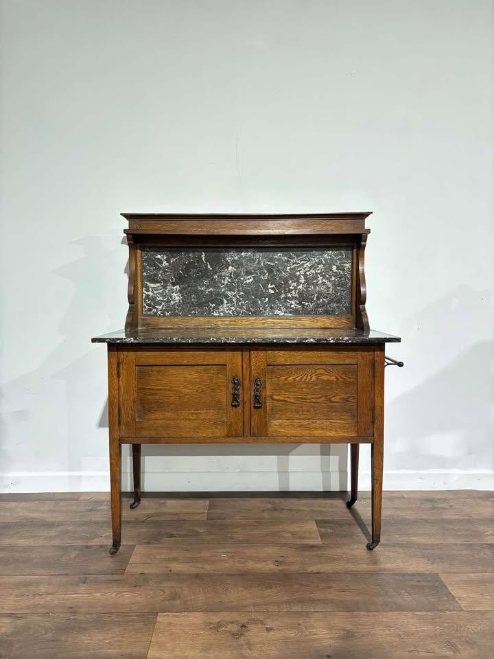 Antique Framed Oak Washstand with Marble Top & Back (1 of 15) Antique Framed Oak Washstand with Marble Top & Back (1 of 15)
