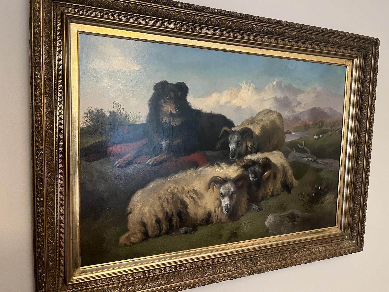 Painting - Oil Painting of Sheepdog and Sheep by George William Horlor Signed and Dated 1876 Scottish Highlands (1 of 13)