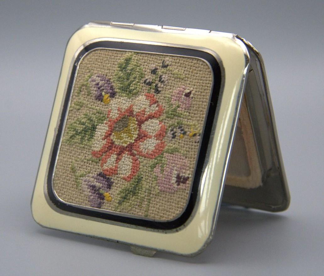 Vintage 1940s Embroidered Rowenta Silver Powder Compact (1 of 5)