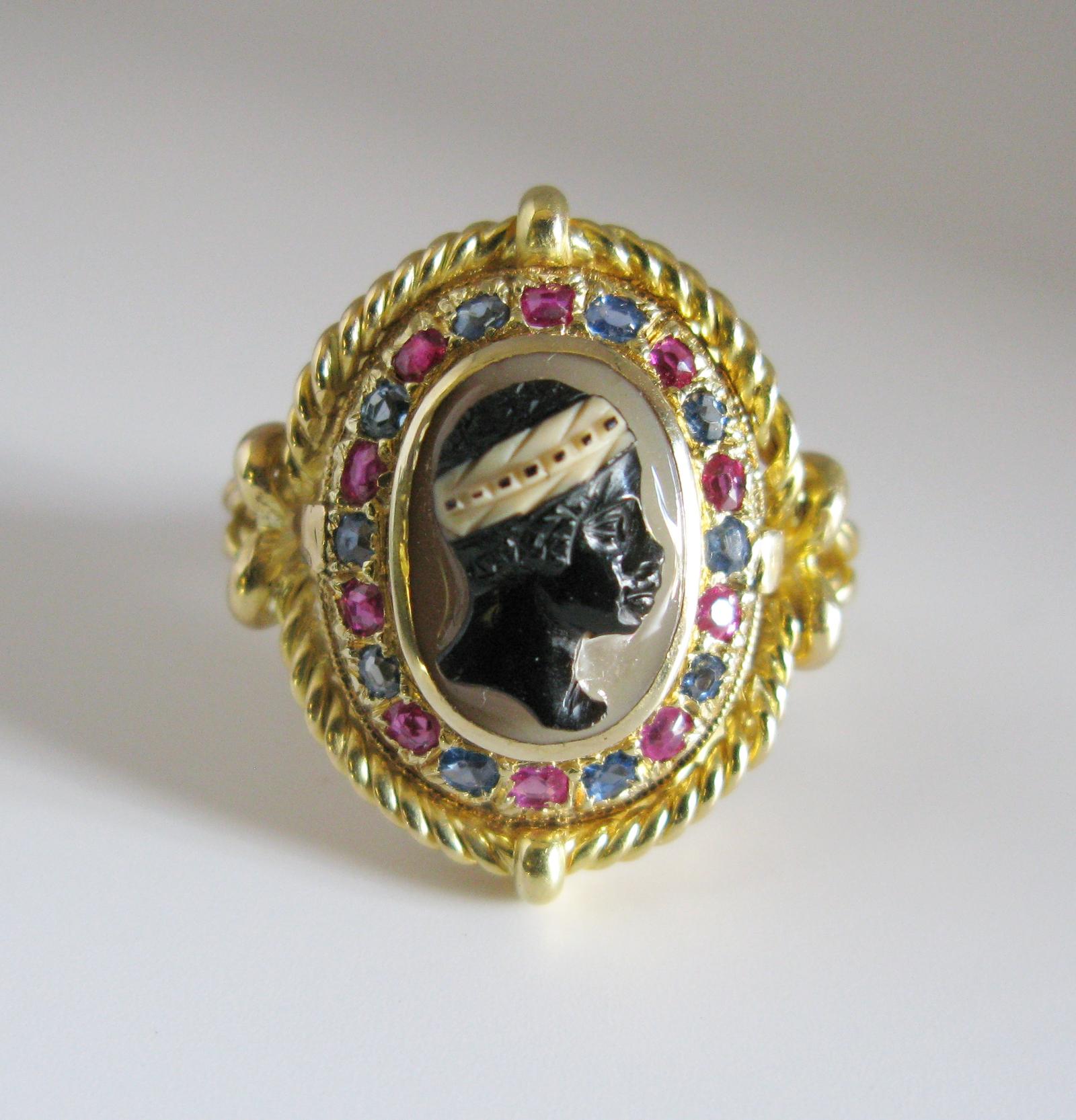 18ct Gold Ruby Sapphire 19th Century Dress Ring Hardstone Cameo African Man (1 of 9)