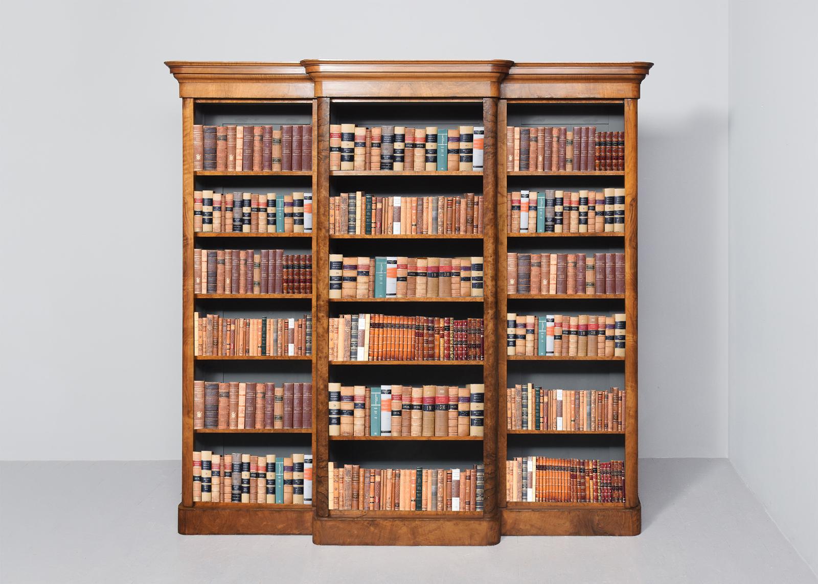 Mid Victorian Breakfront Figured and Burr Walnut Three-section Open Bookcase with a Lovely Mellow Colour and Excellent Patina (1 of 8) Mid Victorian Breakfront Figured and Burr Walnut Three-section Open Bookcase with a Lovely Mellow Colour and Excellent Patina (1 of 8)